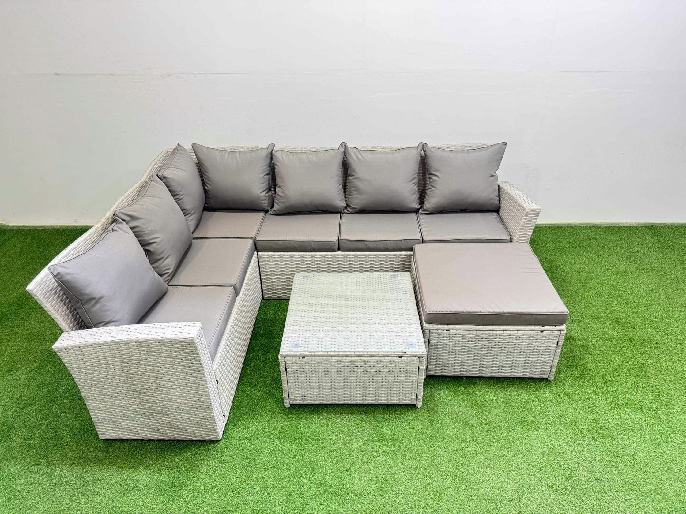 Rackhams Light/Grey Outdoor Rattan Garden Furniture Set 7 Seater Corner Sofa Sets With Square Coffee Table Big Footstool Mixed