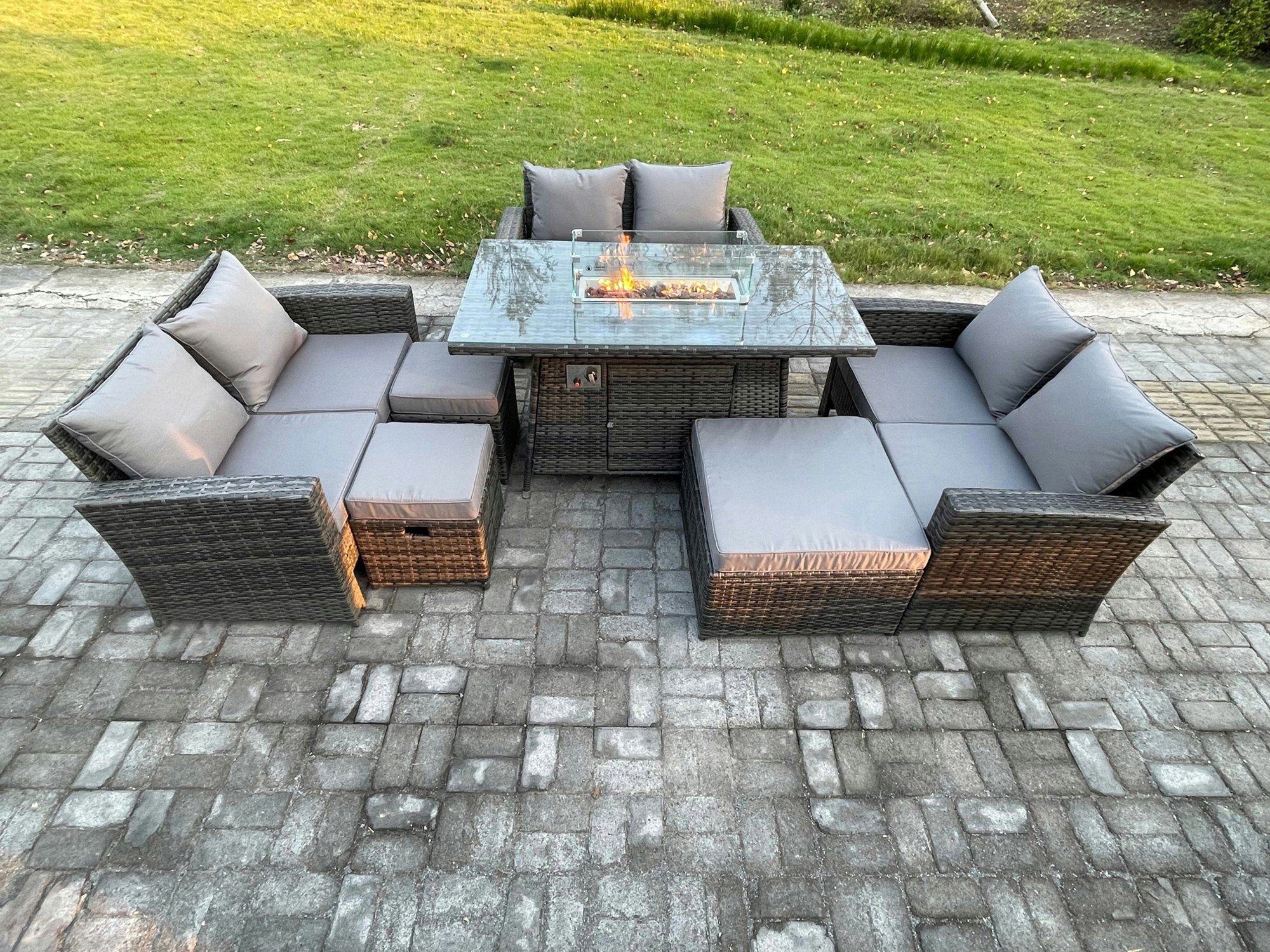 Rackhams Dark/Grey High Back Rattan Garden Furniture Sofa Sets With Outdoor Furniture Gas Fire Pit Dining Table Set 3 Footstools Mixed
