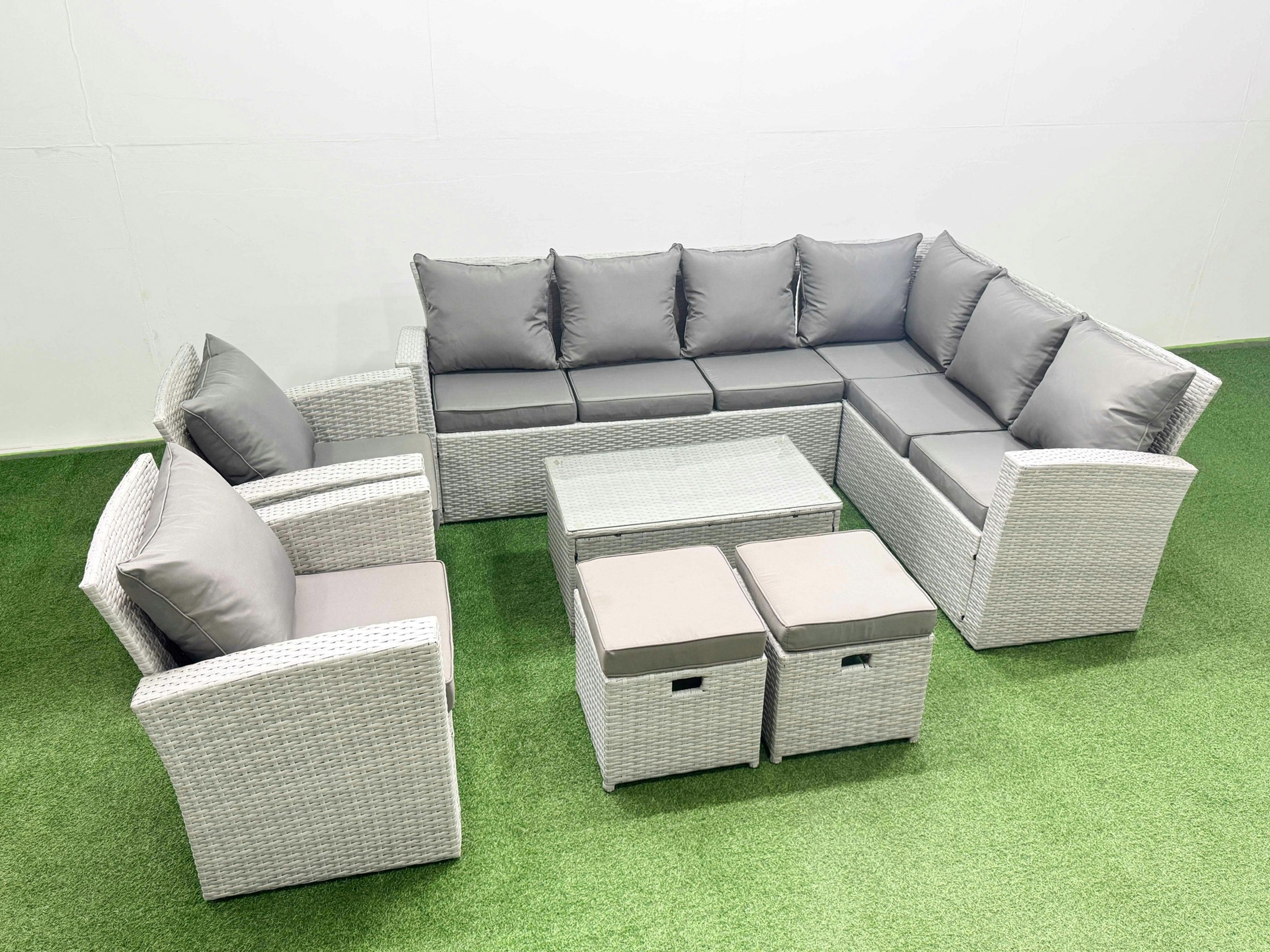 Rackhams Light/Grey Garden Outdoor Pe Rattan Furniture Set 10 Seater Rattan Garden Sofa Set With 2 Small Footstools Mixed