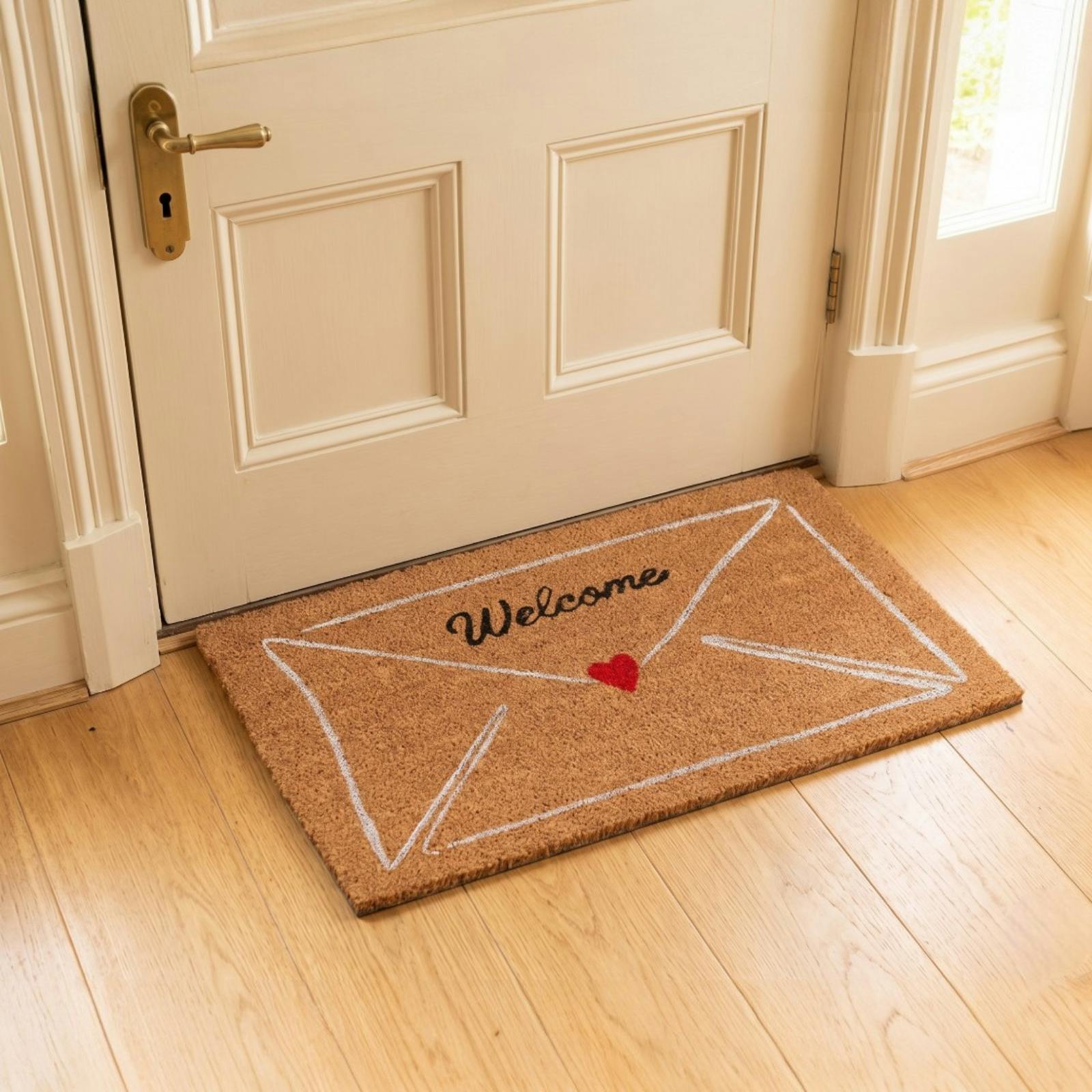 Rackhams Red Envelope And Heart Natural Coir Welcome Doormat