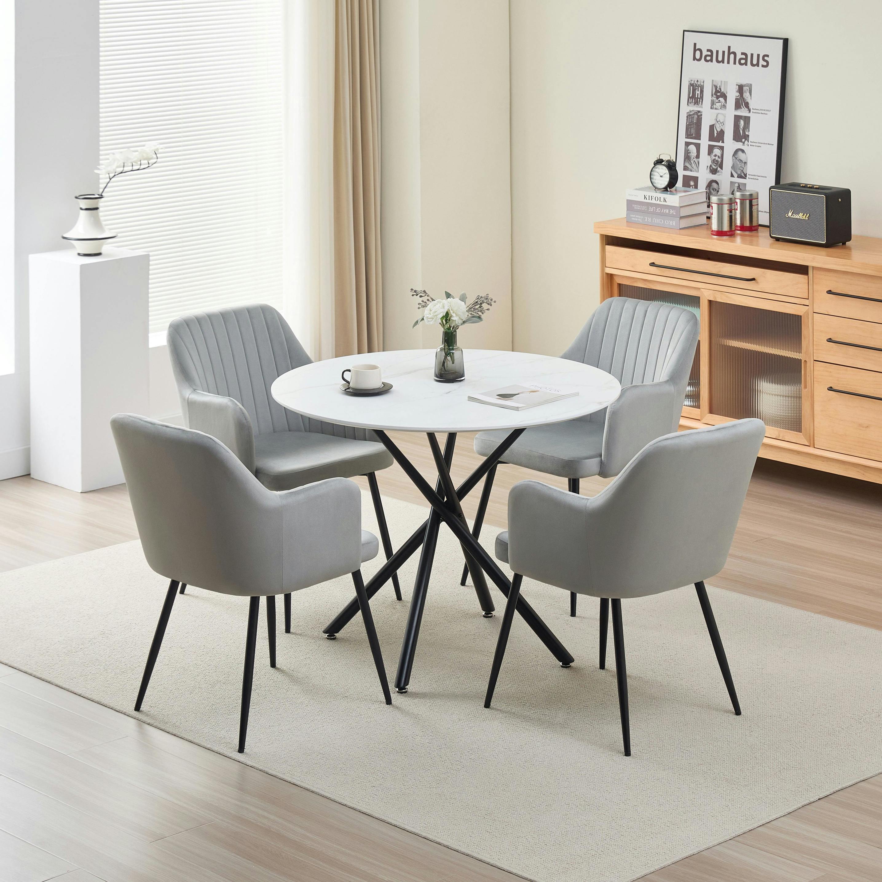 Rackhams Grey Seattle Dining Table With 4 Charlotte Velvet Chairs