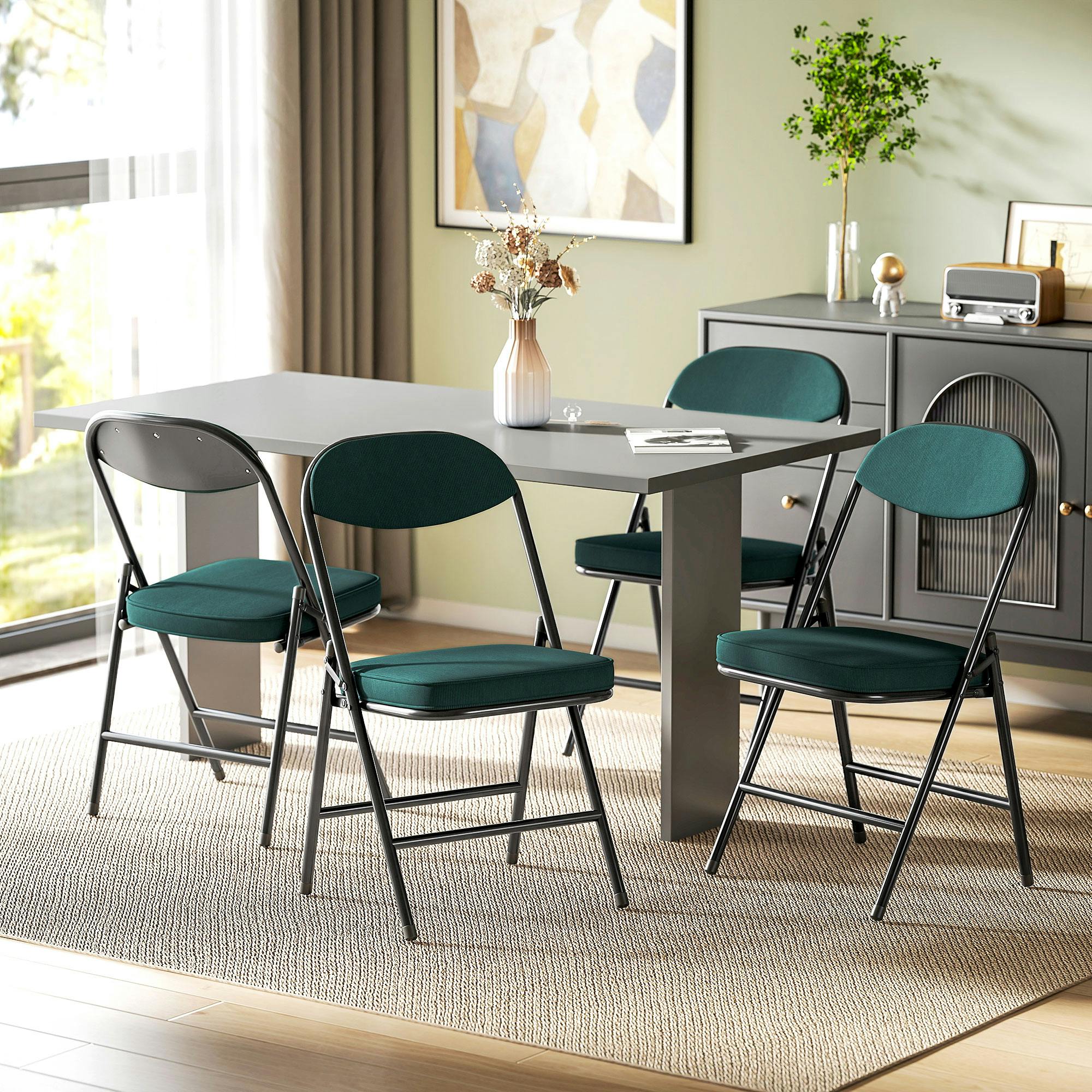Rackhams Folding Chairs Set Of 4 With Cushioned Seat, Steel Frame, Teal - 4 - Corduroy, Steel, Sponge - Folding Chair