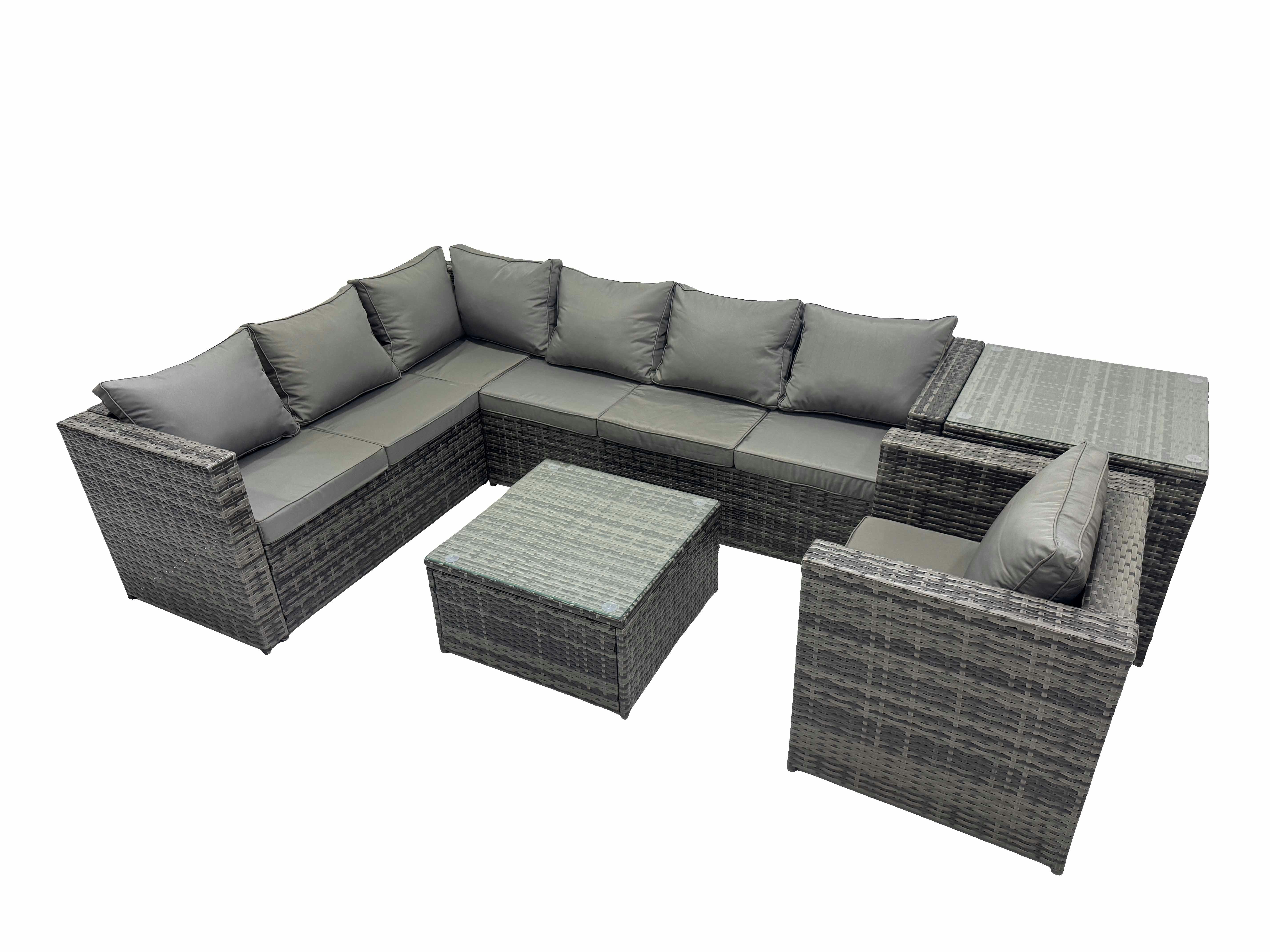 Rackhams Dark/Grey Rattan Garden Furniture Patio Furniture Sets With Corner Sofa Chair Square Coffee Table Side Table Mixed