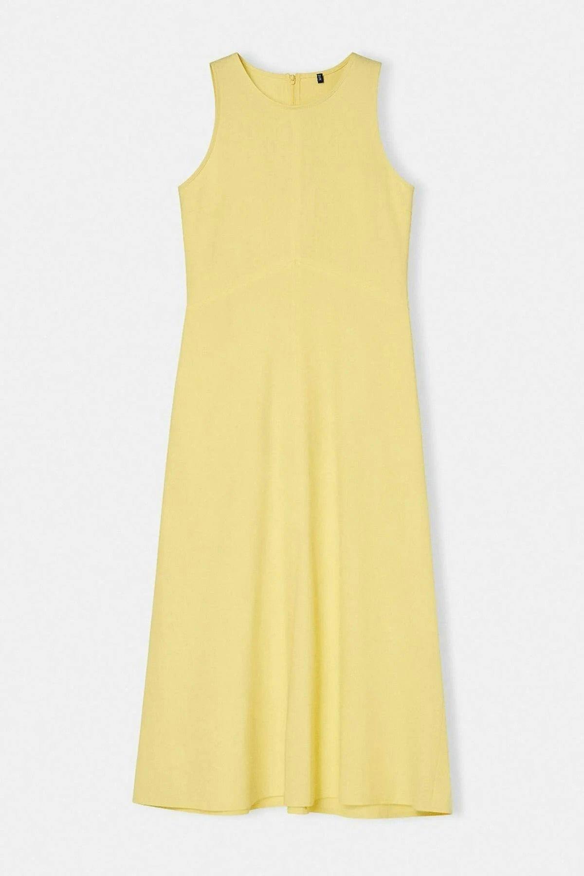 Wovcor Linen Blend Straight Cut Midi Woven Dress With Stitching And Pocket Details - Lemon - 6