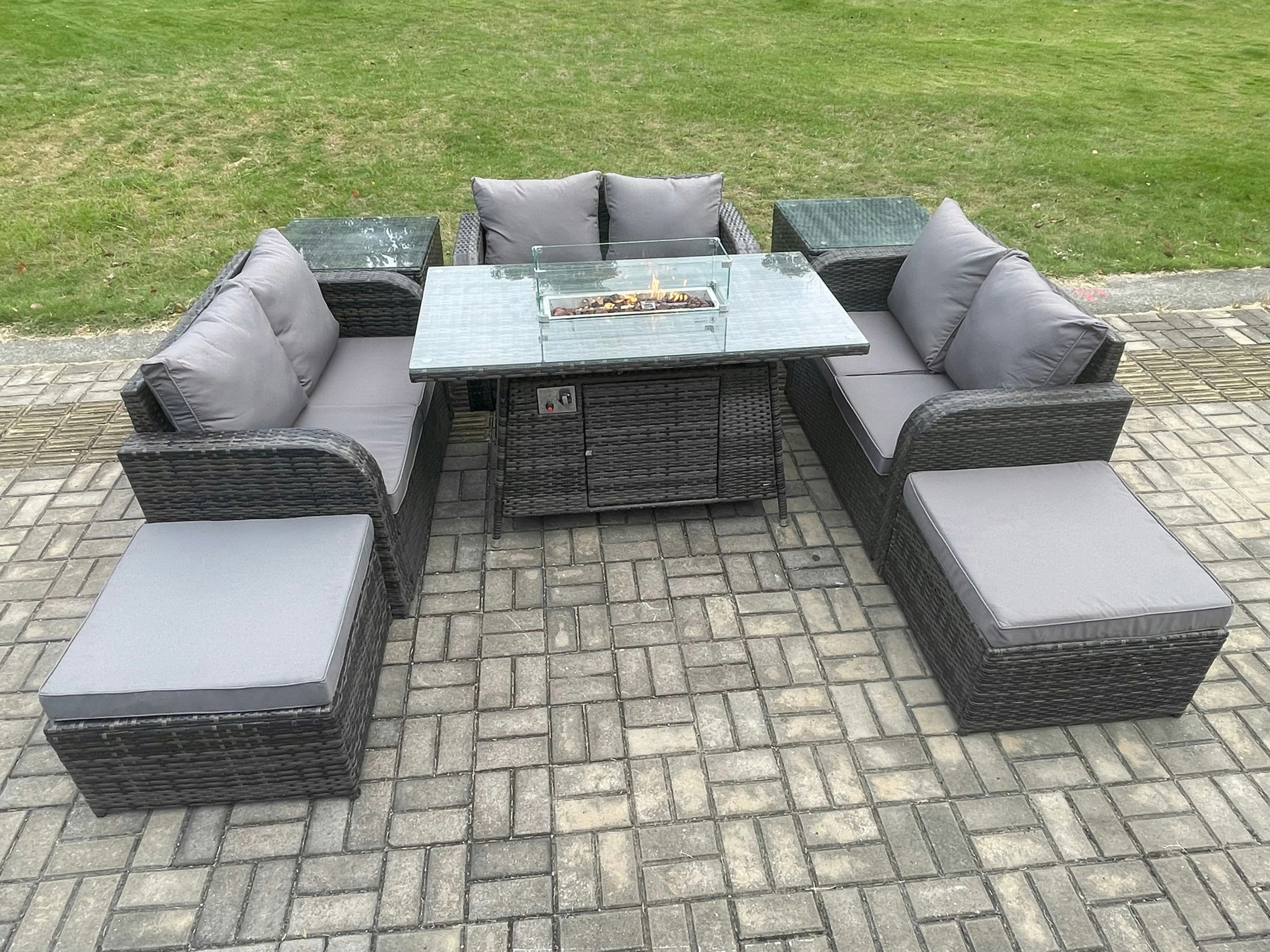 Rackhams Dark/Grey Rattan Outdoor Garden Furniture Sofa Set Gas Fire Pit Dining Table Gas Heater With 2 Side Tables Love Sofa 2 Big Footstool Mixed