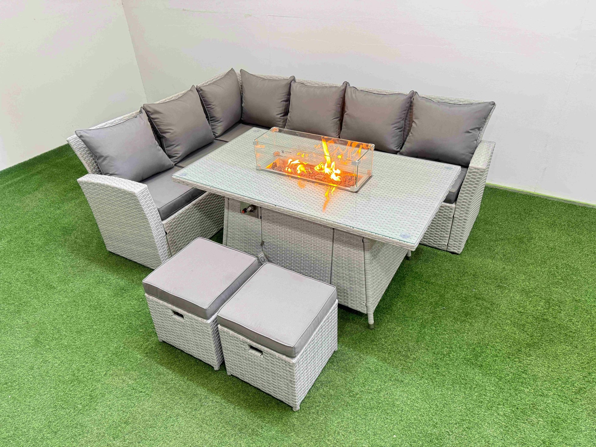 Rackhams Light/Grey 8 Seat Rattan Garden Furniture Corner Sofa Set Outdoor Gas Fire Pit Table Sets With 2 Small Footstools