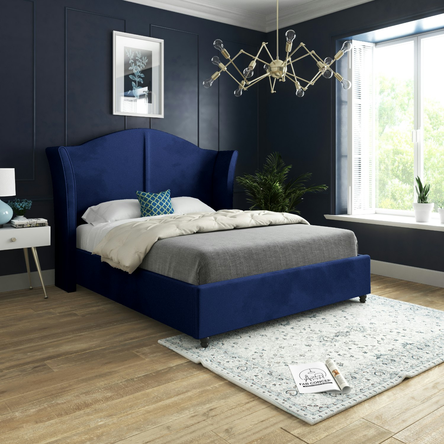 Casa Magna Blue Zampa Curved Top Curved Winged Upholstered Soft Velvet Bed Frame - King