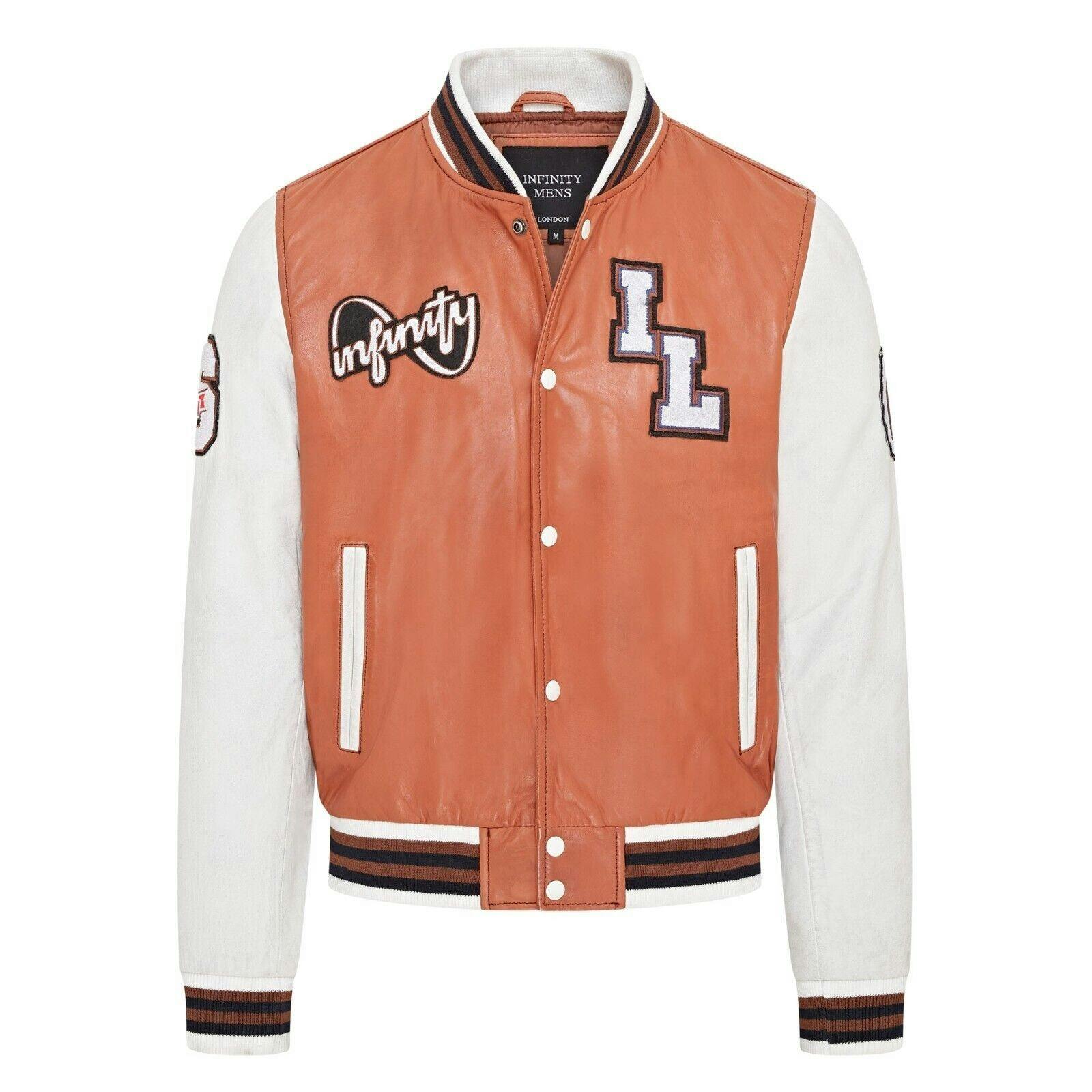 Infinity Leather Men's Baseball Leather Letterman Bomber Jacket - Ashwood - Tan - Uk 5XL | Eu 60 | Us 50