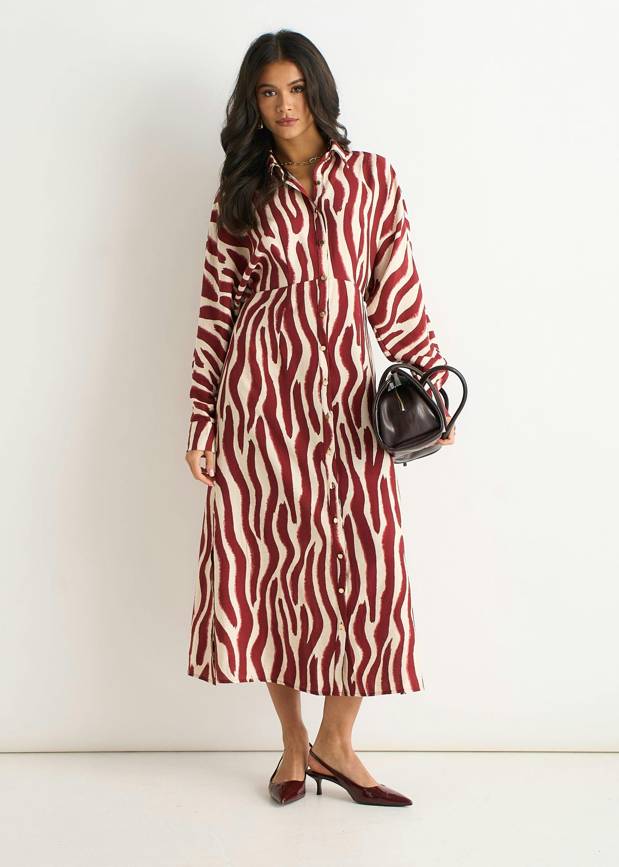 Gini London Burgundy Zebra Print Batwing Sleeve Shirt Dress - Uk 16 / Us 12 / Eu 44
