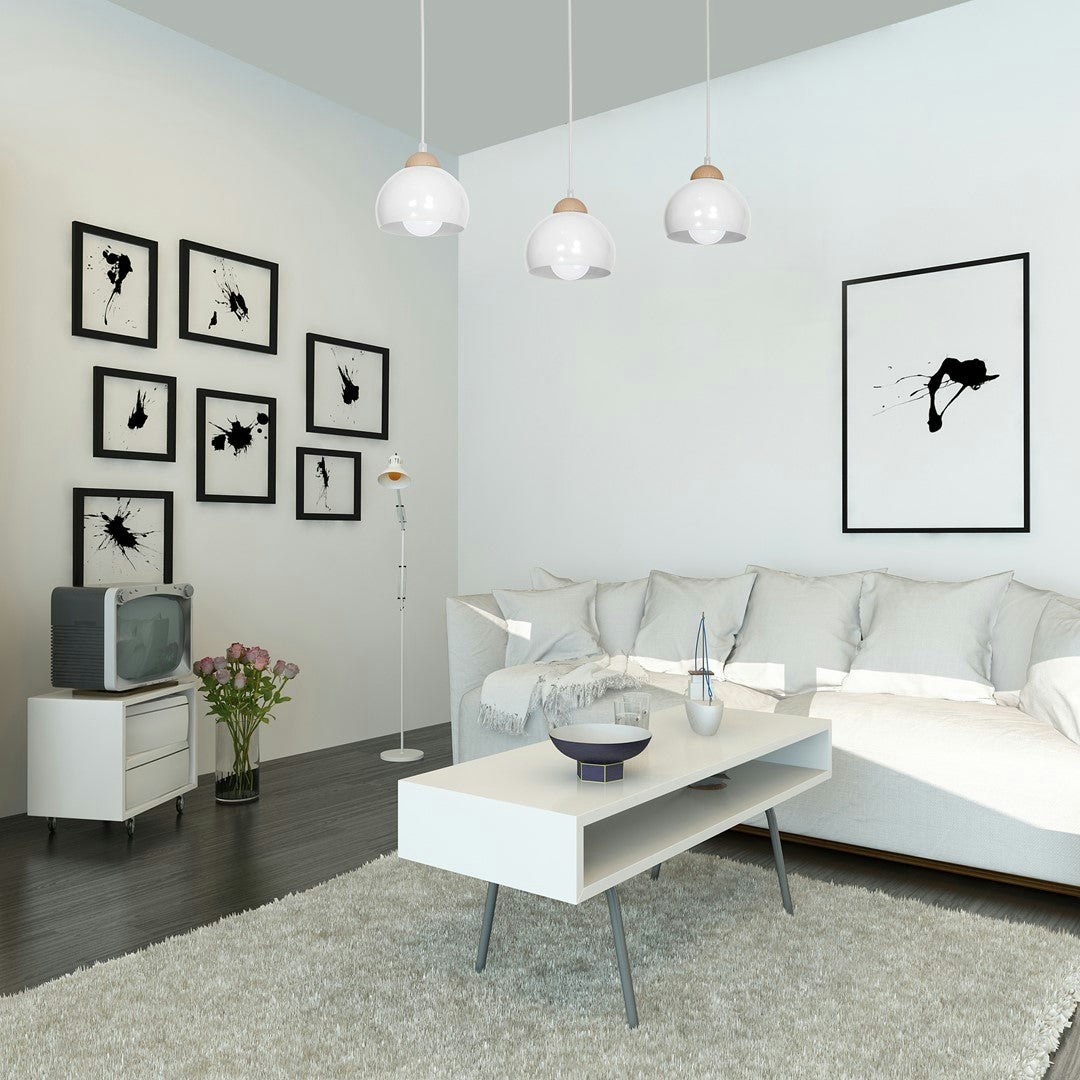 Rackhams White/Light Dama Pendant 3Xe27 Hand Made Scandi Style Hanging Ceiling Lamp Enhanced By Natural Wood Detail