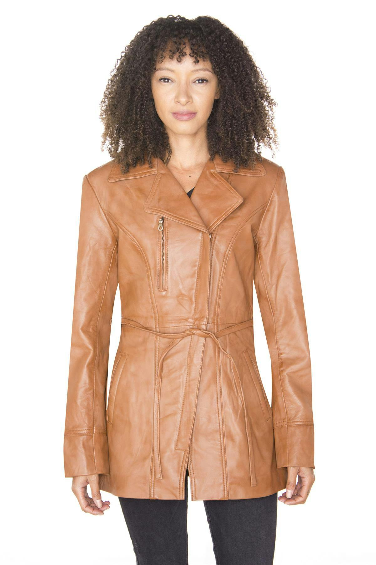Infinity Leather Women's Leather Long Biker Jacket-Muscat - Tan - Uk 2XL/18 | Eu 44 | Us 14