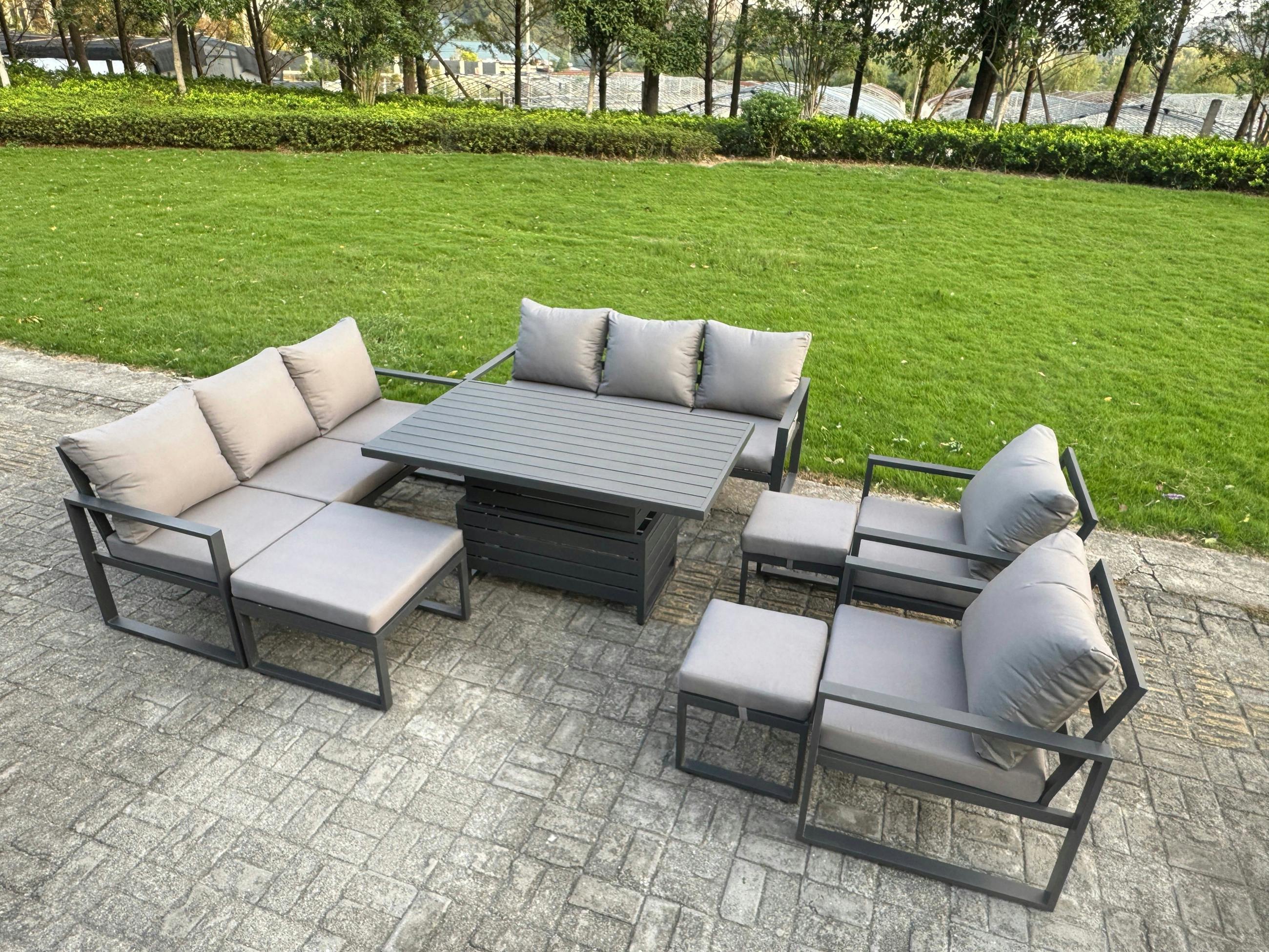 Rackhams Dark/Grey 11 Seater Aluminium Garden Furniture Set Set With Adjustable Rising Dining Table & 3 Footstools