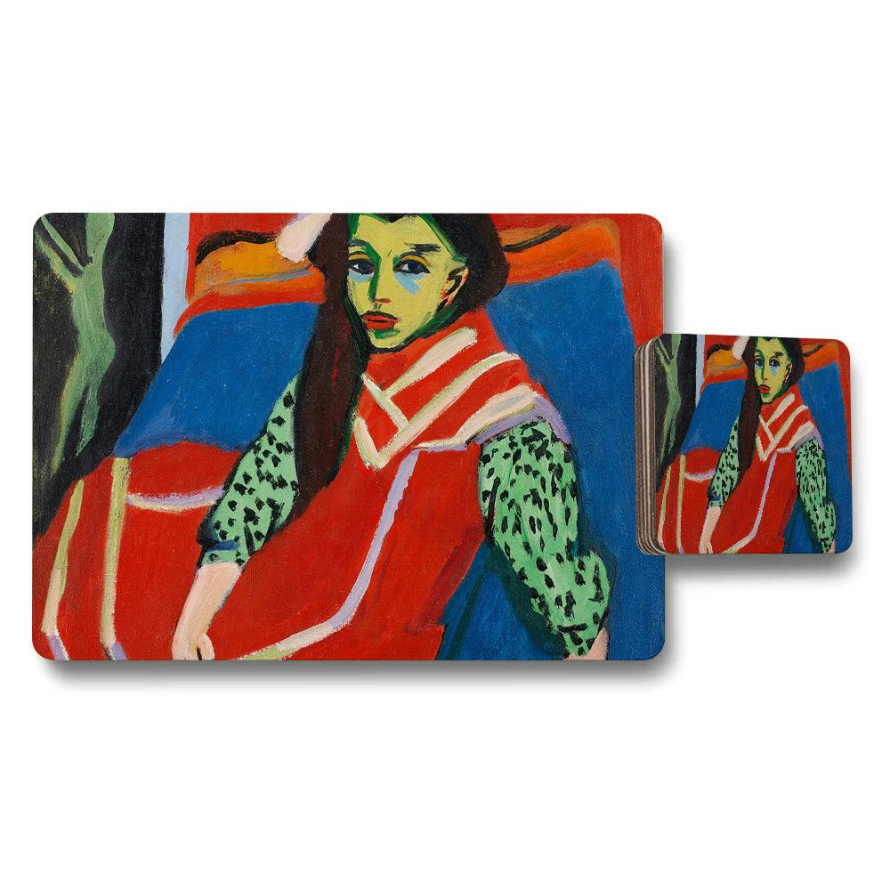 Benjamin Tate Design Red Colorful Abstract Woman In Placemat And Coaster Set Artwork