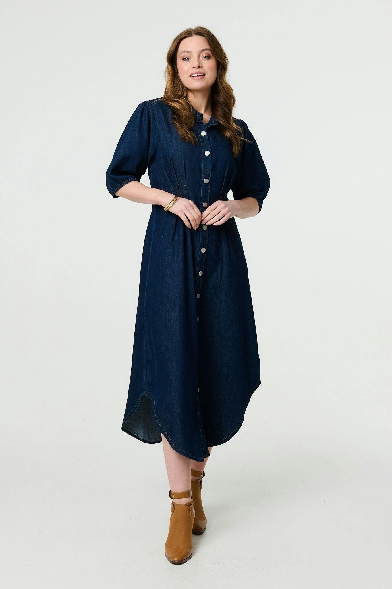 Izabel London Indigo Denim 1/2 Puff Sleeve Ruched Maxi Shirt Dress - 14