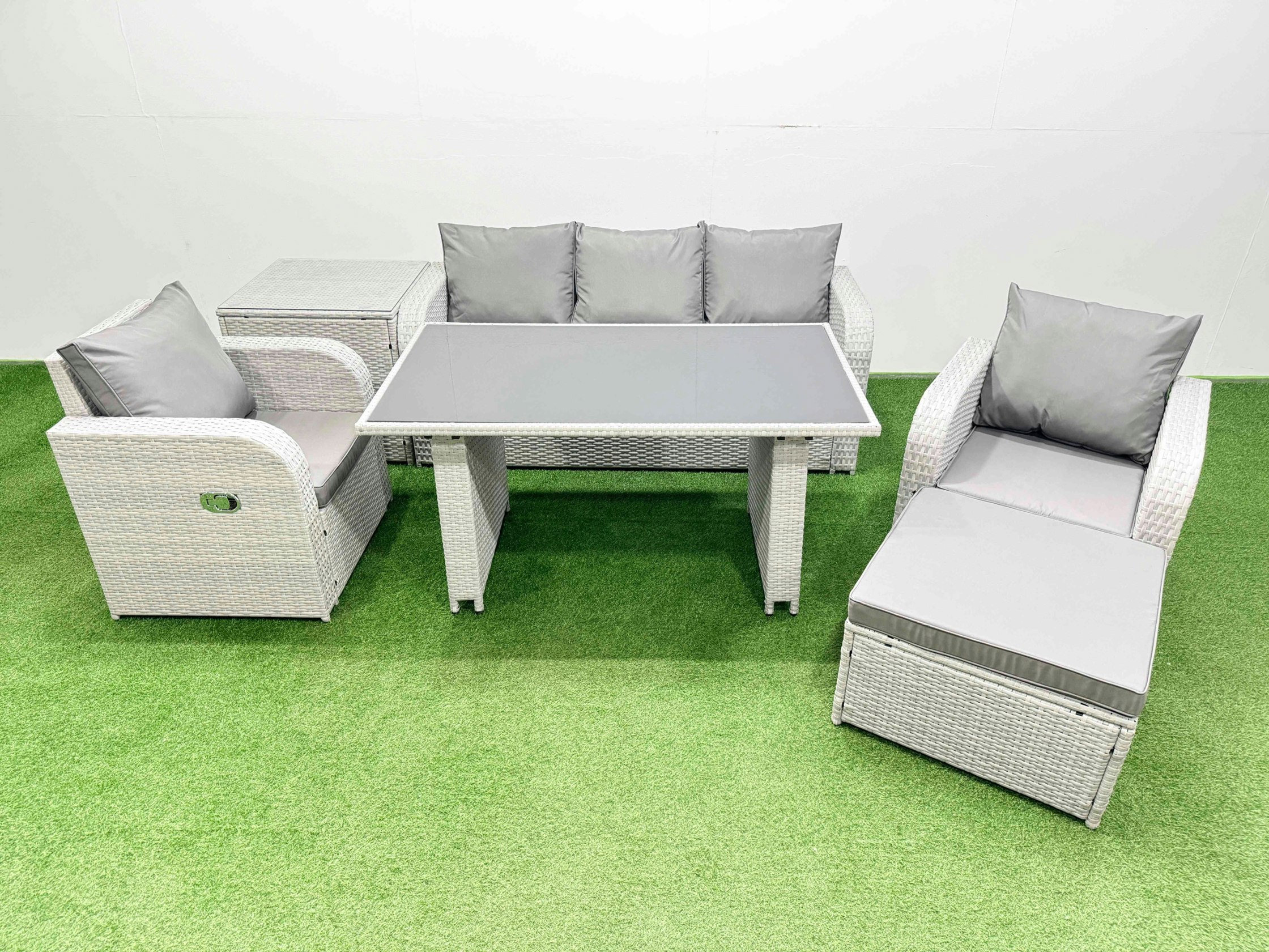 Fimous Dark/Grey Outdoor Rattan Garden Furniture Dining Set 6 Seater Patio Rectangular Table 3 Seater Sofa Reclining Chair Set With Side Table Big Stool