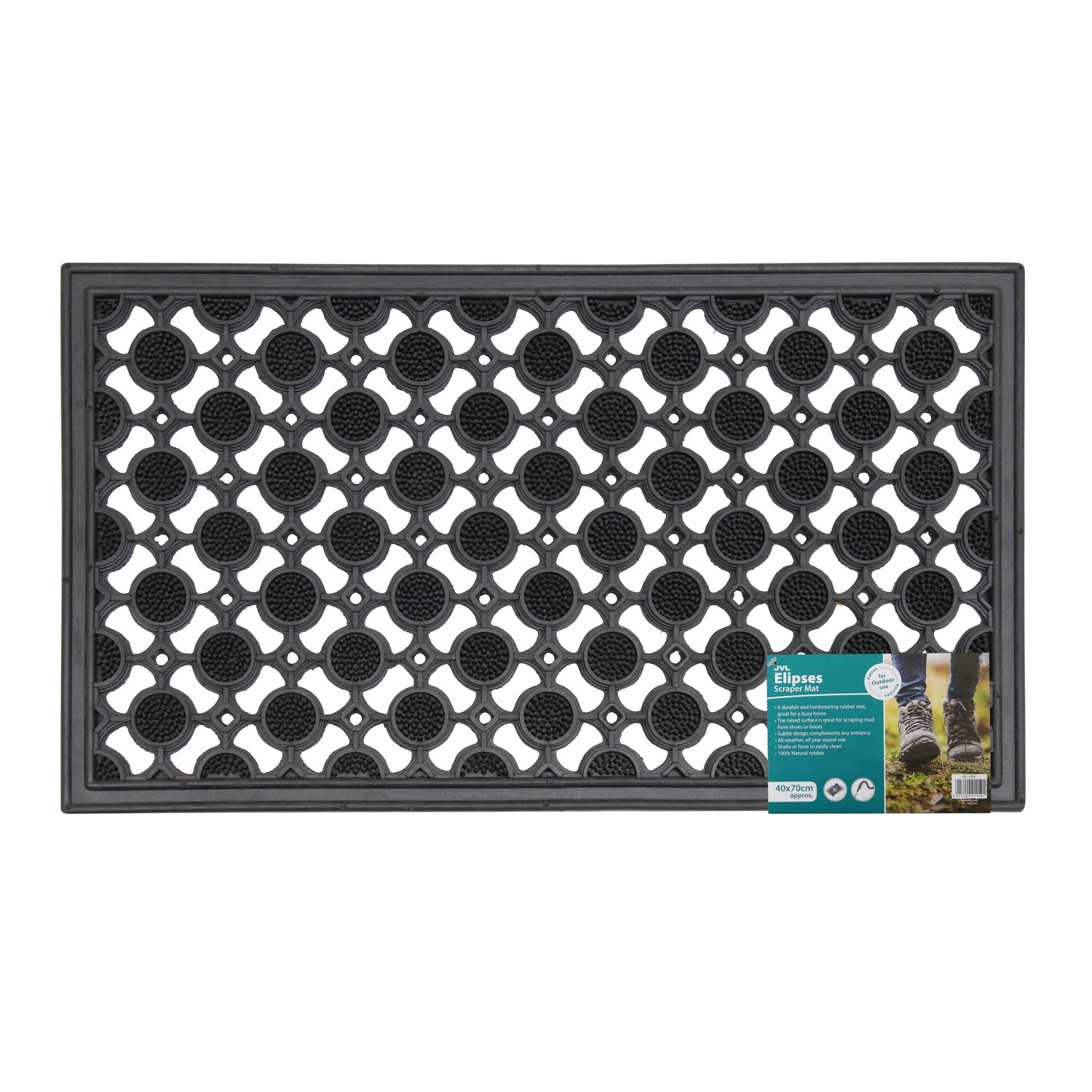 Rackhams Black Elipses Heavy Duty Rubber Entrance Floor Door Mat, 40X70cm, Circles,