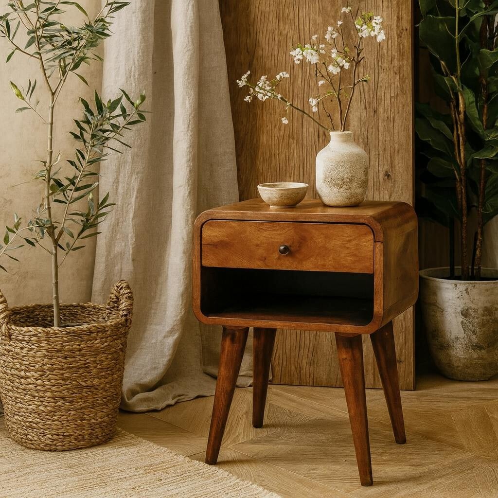 Wyld Haus Honfleur Curve Open Slot Chestnut Mango Wood Bedside Table Drawer And Shelf
