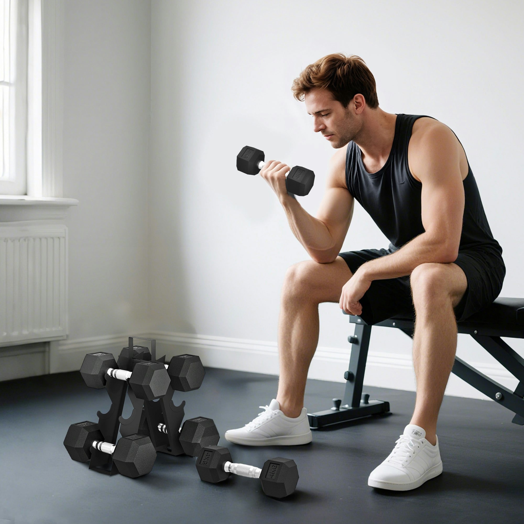 Sportnow 36Kg Hex Dumbbell Set With Dumbbell Rack, Rubber Coated Weights