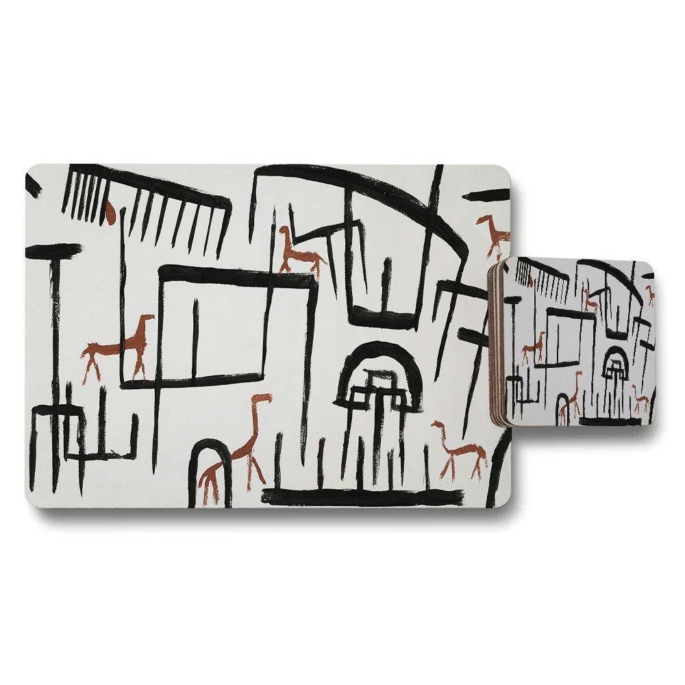 Benjamin Tate Design Black/Light Abstract Line Art Placemat And Coaster Set With Horse Motifs