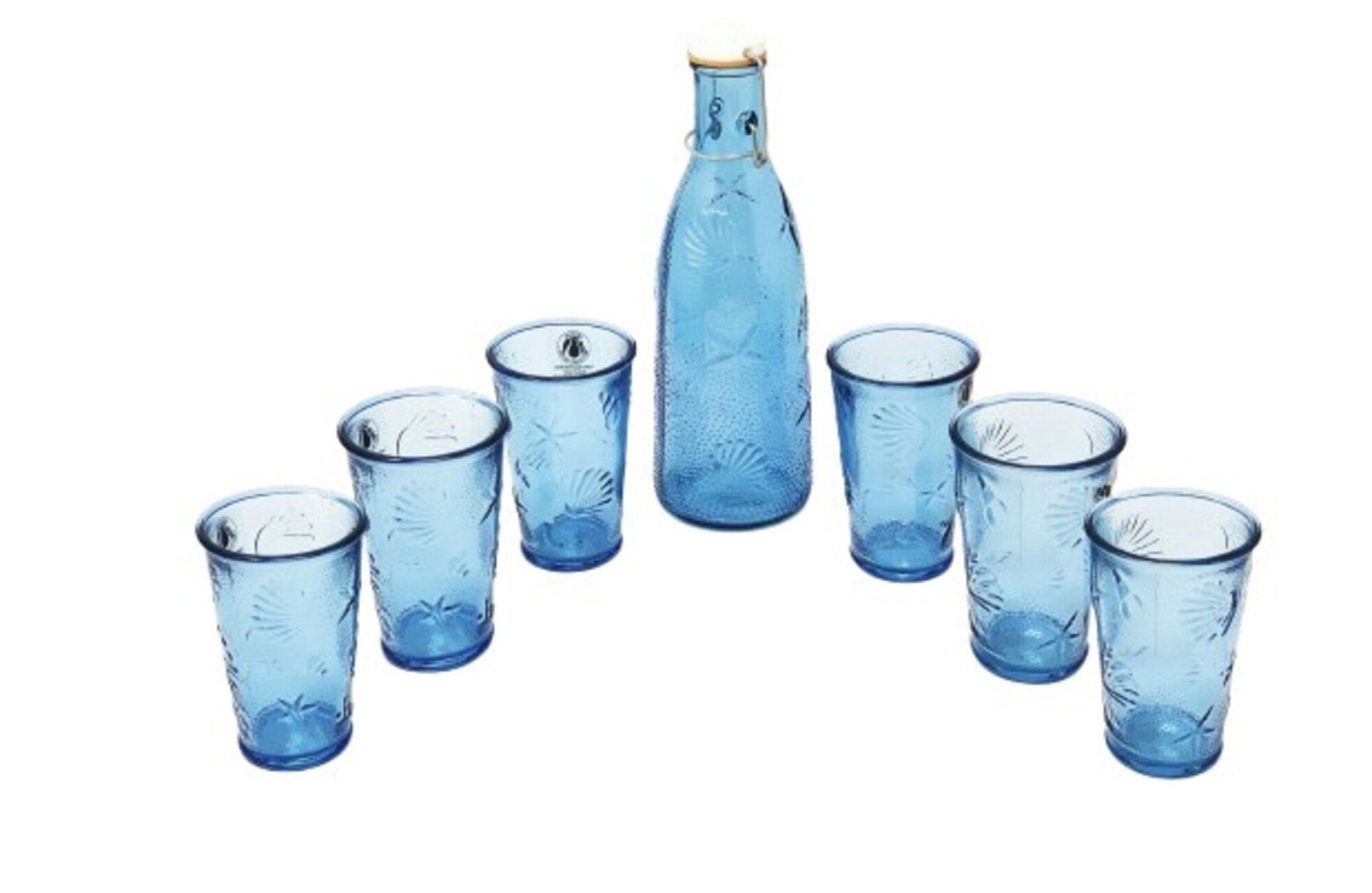 Verano Spanish Ceramics Blue Beyond The Sea Bottle And Tumblers - Recycled Glass Beyond The Sea Bottle & 6 Tumbler Set