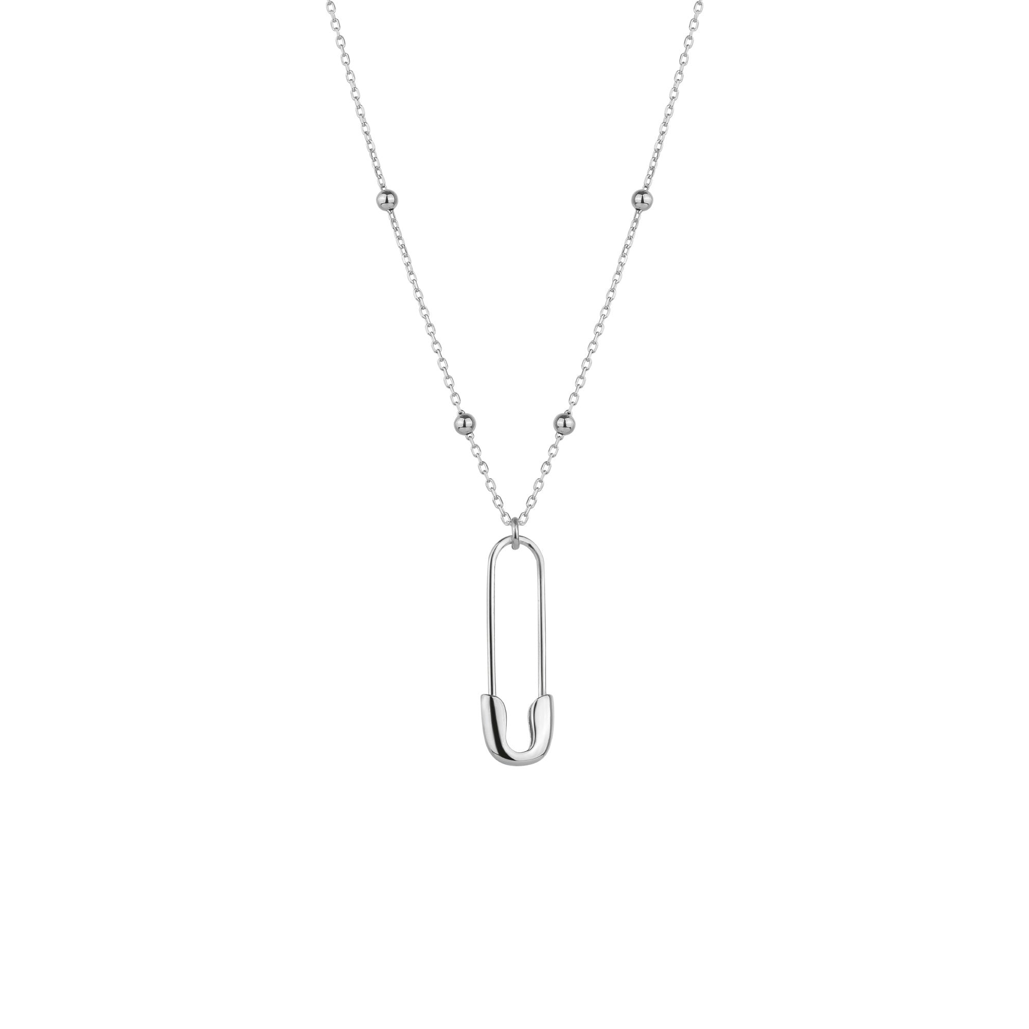 Spero London Silver Sterling Safety Pin Necklace With Beaded Satellite Chain