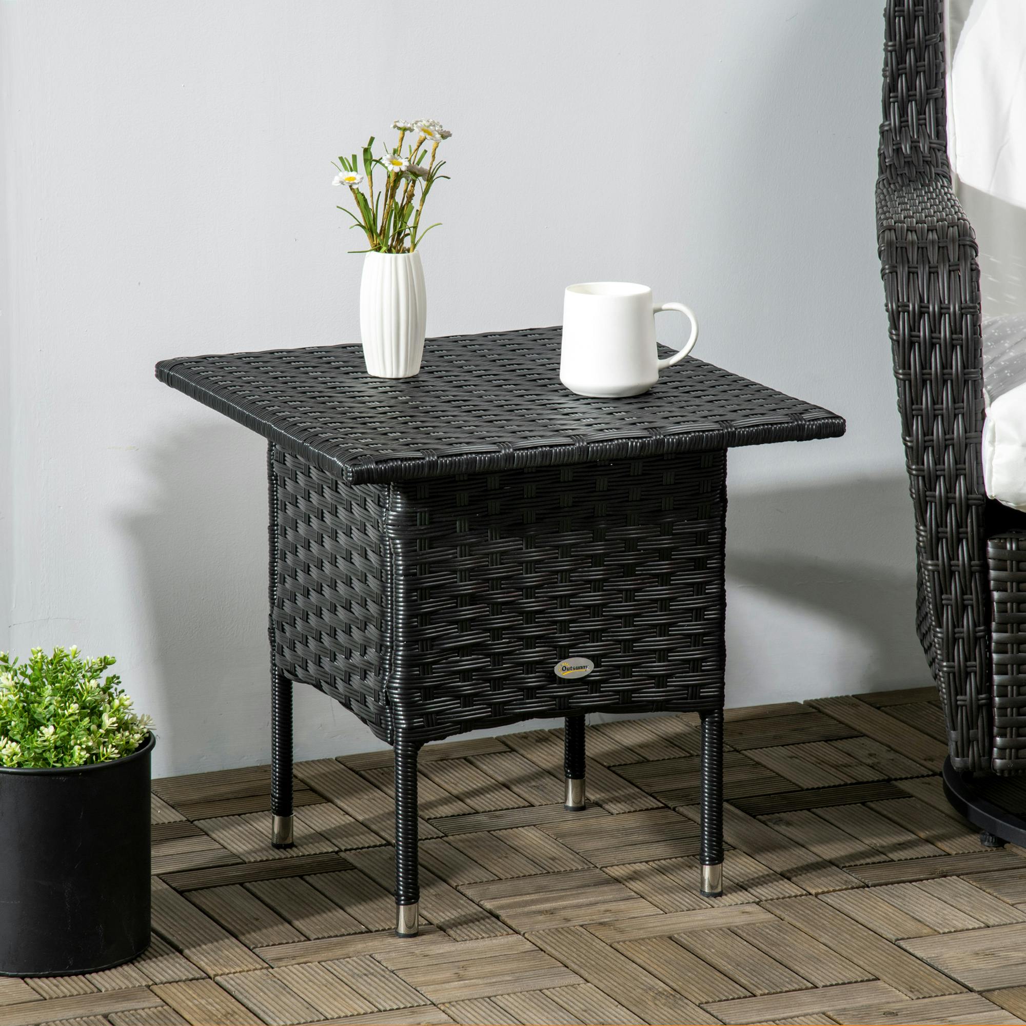Outsunny Black Pe Rattan Outdoor Coffee Table, Easy Match Rattan Side Table, - 50Cmx50cmx47cm - Galvanised Steel, Pe Rattan