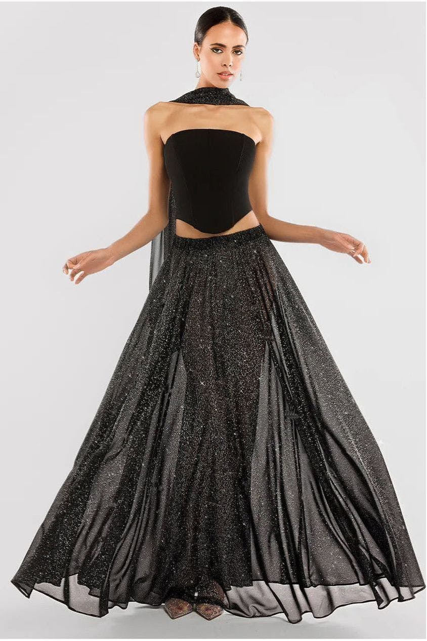 Goddiva Black Gathered A-Line Glitter Chiffon Maxi Skirt By - Glitter - M
