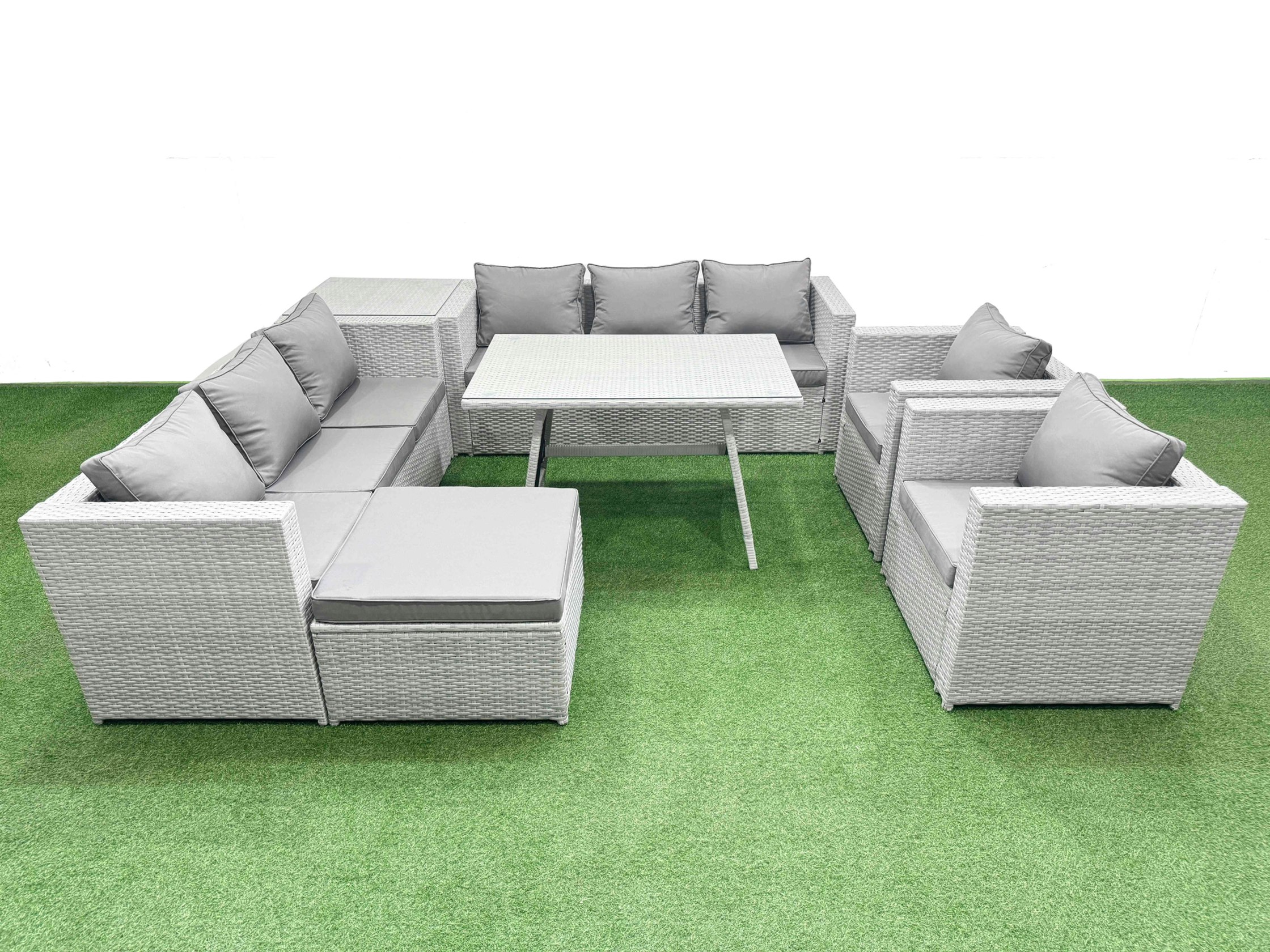 Rackhams Light/Grey 9 Seater Garden Furniture Set Pe Rattan Garden Sofa Set With Rectangular Dining Table Big Stool Side Table