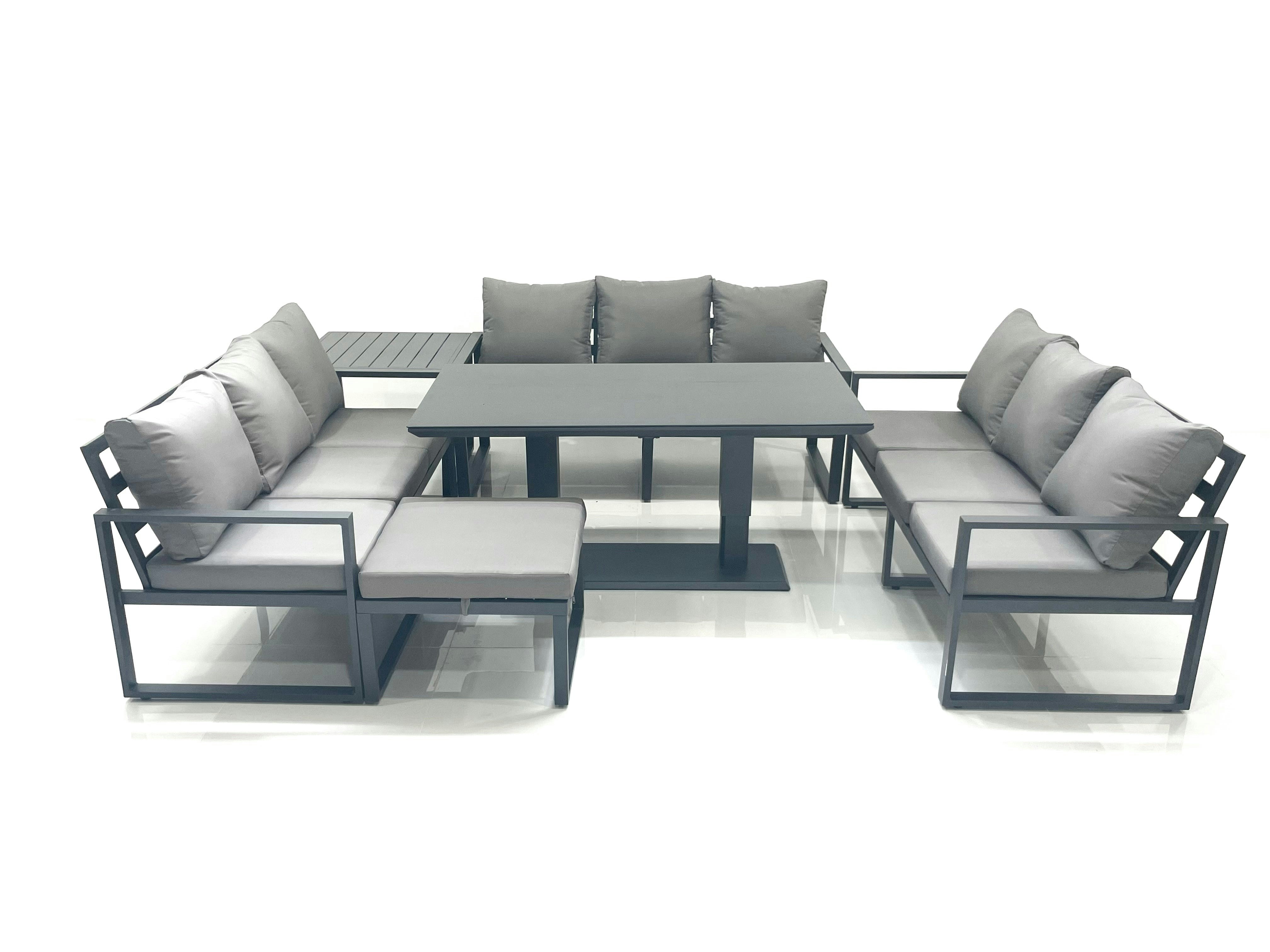 Fimous Dark/Grey 10 Seater Garden Sofa Set Aluminium Furniture Rising Dining Tabe Set With Side Table Big Footstool
