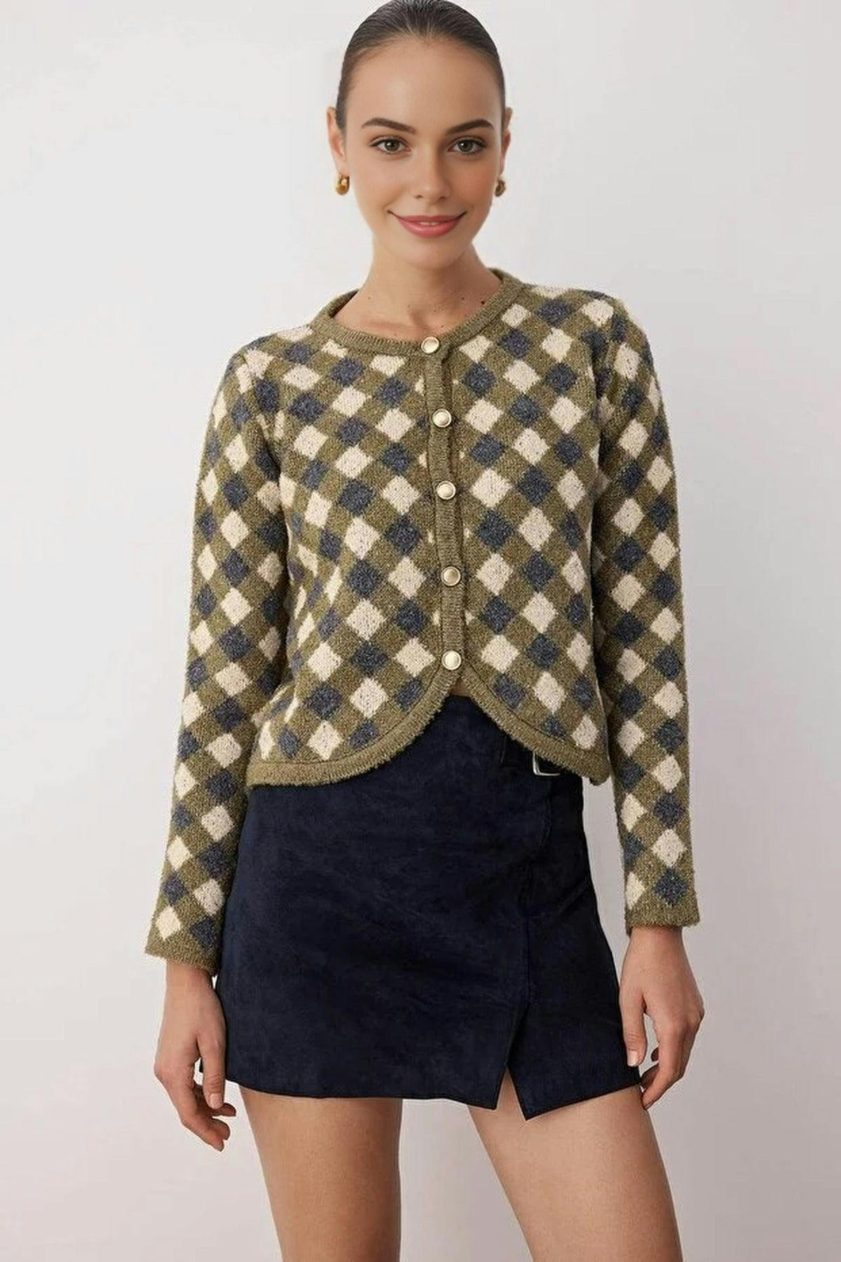 Wovcor Argyle Patterned Crew Neck Crop Knit Cardigan - Khaki - S