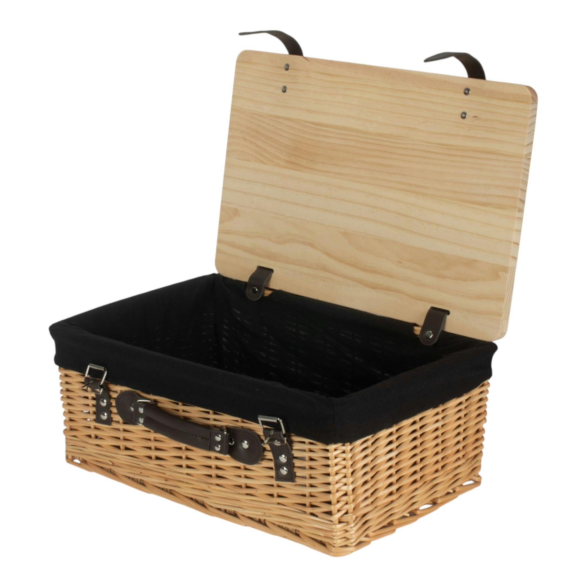 Rackhams Black Buff Lined Willow Picnic Basket With Pinewood Lid - Small - 1 - Wicker And Pinewood
