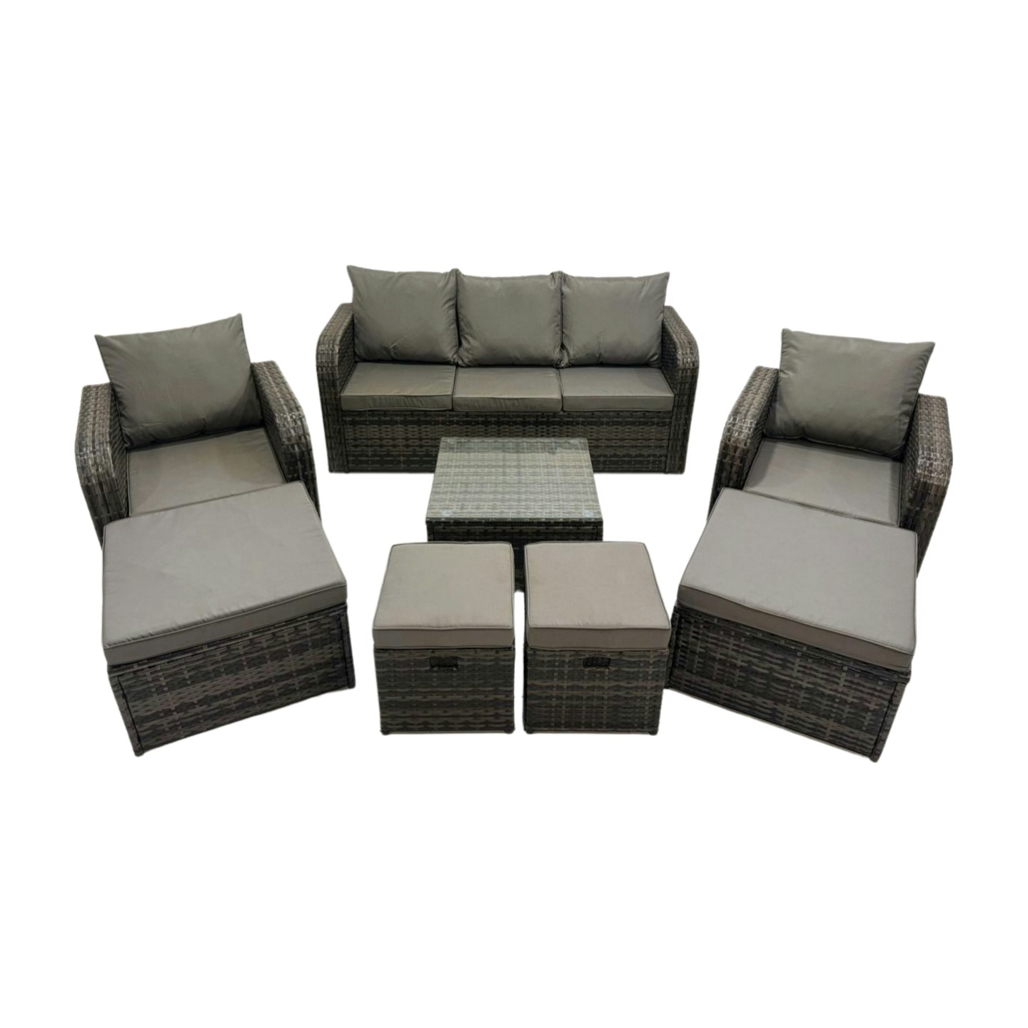 Rackhams Dark/Grey 3 Seater Sofa Reclining Chair Coffee Table Set Rattan Garden Outdoor Furniture Set With 4 Stools Mixed