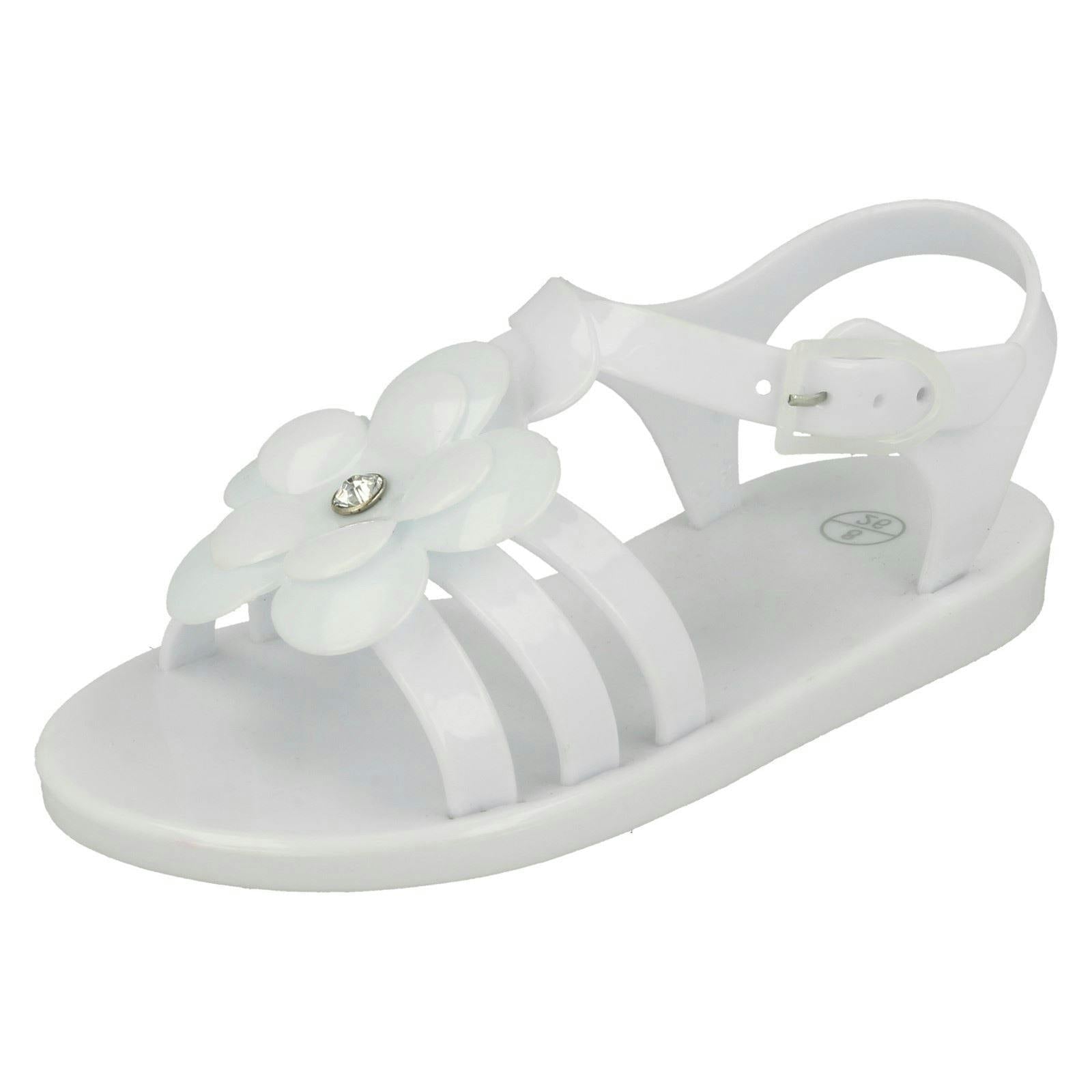 Spot On Girls White Flat Strappy T Bar Flower Trim Sandal - Uk 7 Infant