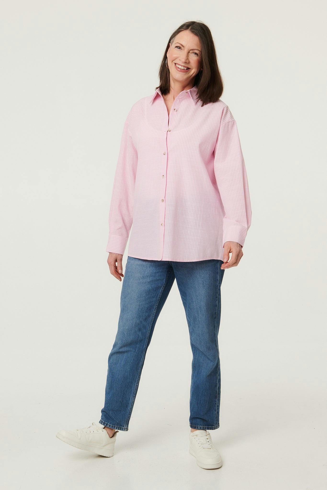 Izabel London Pink Striped Long Sleeve Button Front Shirt - 10