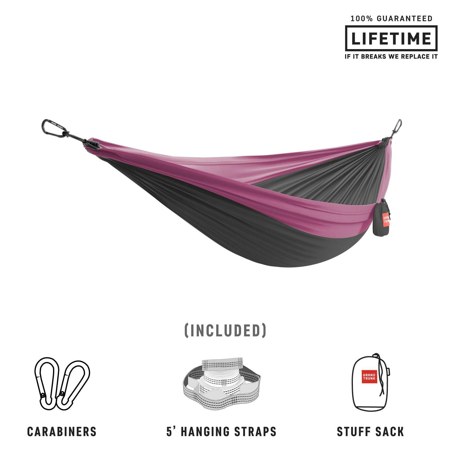 Grand Trunk Magenta Double Deluxe Hammock With Straps - Charcoal