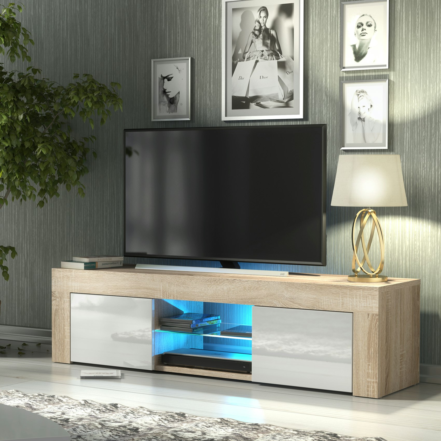 Rackhams Black Striking 130Cm Tv Unit Sideboard Cabinet With Matt Doors And Free Led Lights - 130 - 1 - Mdf/Chipboard