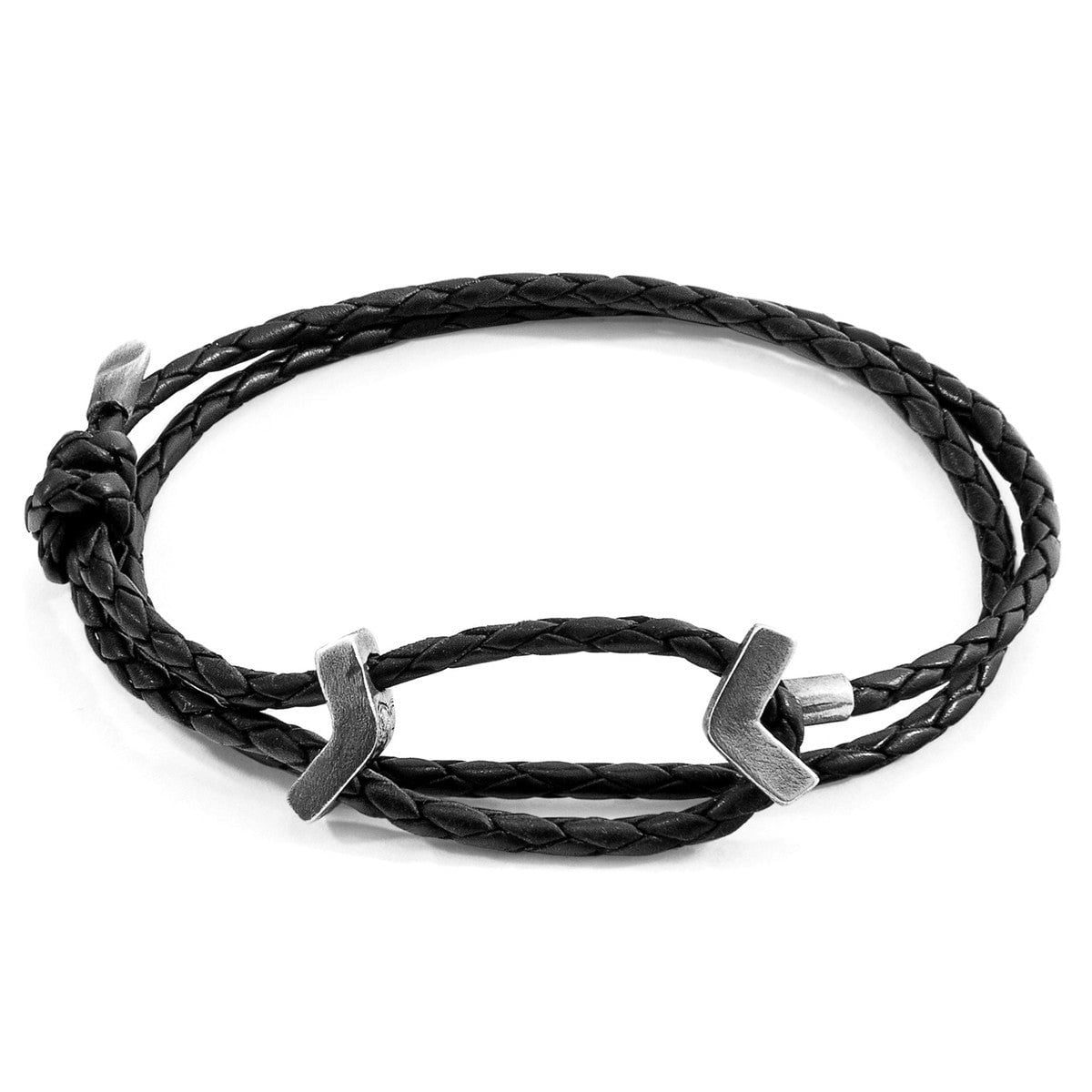 Anchor & Crew Black/Silver Midnight William And Braided Leather Skinny Bracelet
