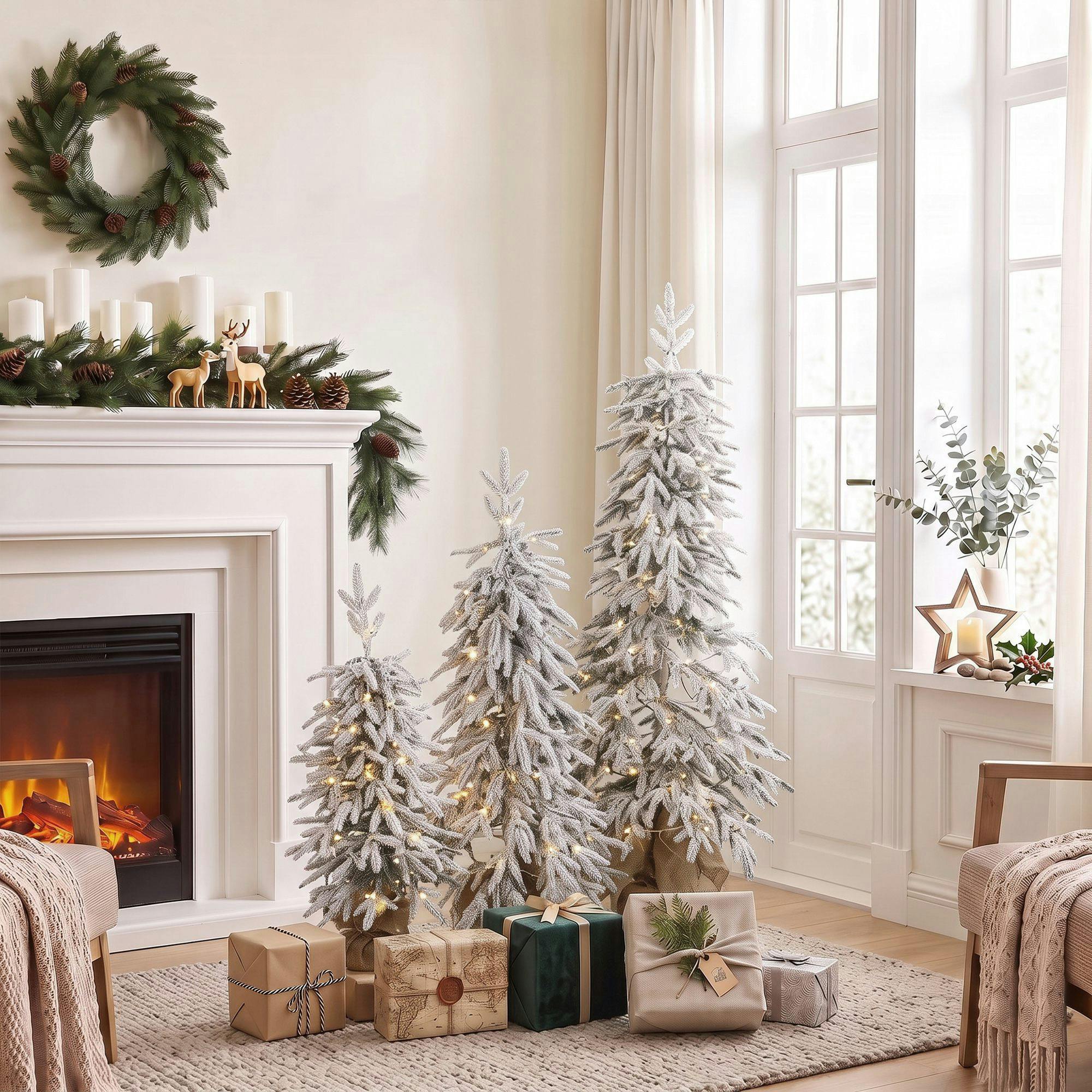Homcom Green And White Prelit Flocked Artificial Christmas Tree Set Of 3 Snowy Xmas Tree Warm White Led Lights (3Ft+4Ft+5Ft) - Image 3