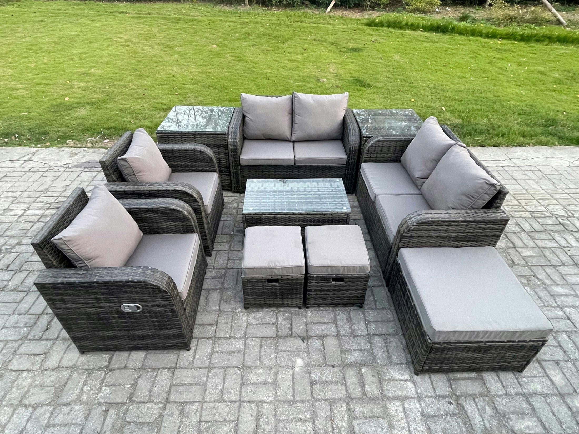 Rackhams Dark/Grey 9 Seater Mixed Rattan Outdoor Lounge Set - Rectangular Coffee Table, 3 Footstools, Loveseat & 2 Side Tables