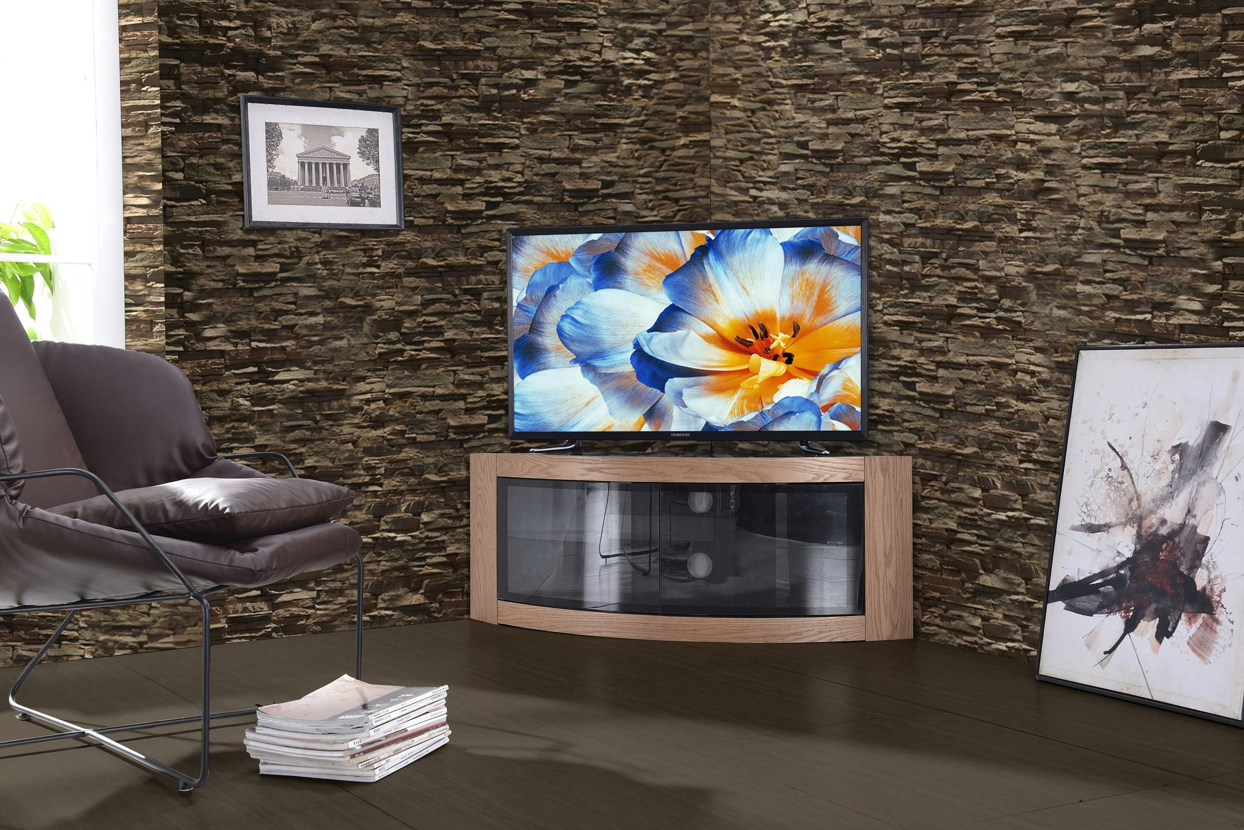 Centurion Supports Black Pangea Oak Beam-Thru Curved Tru-Corner 32"-50" Tv Cabinet