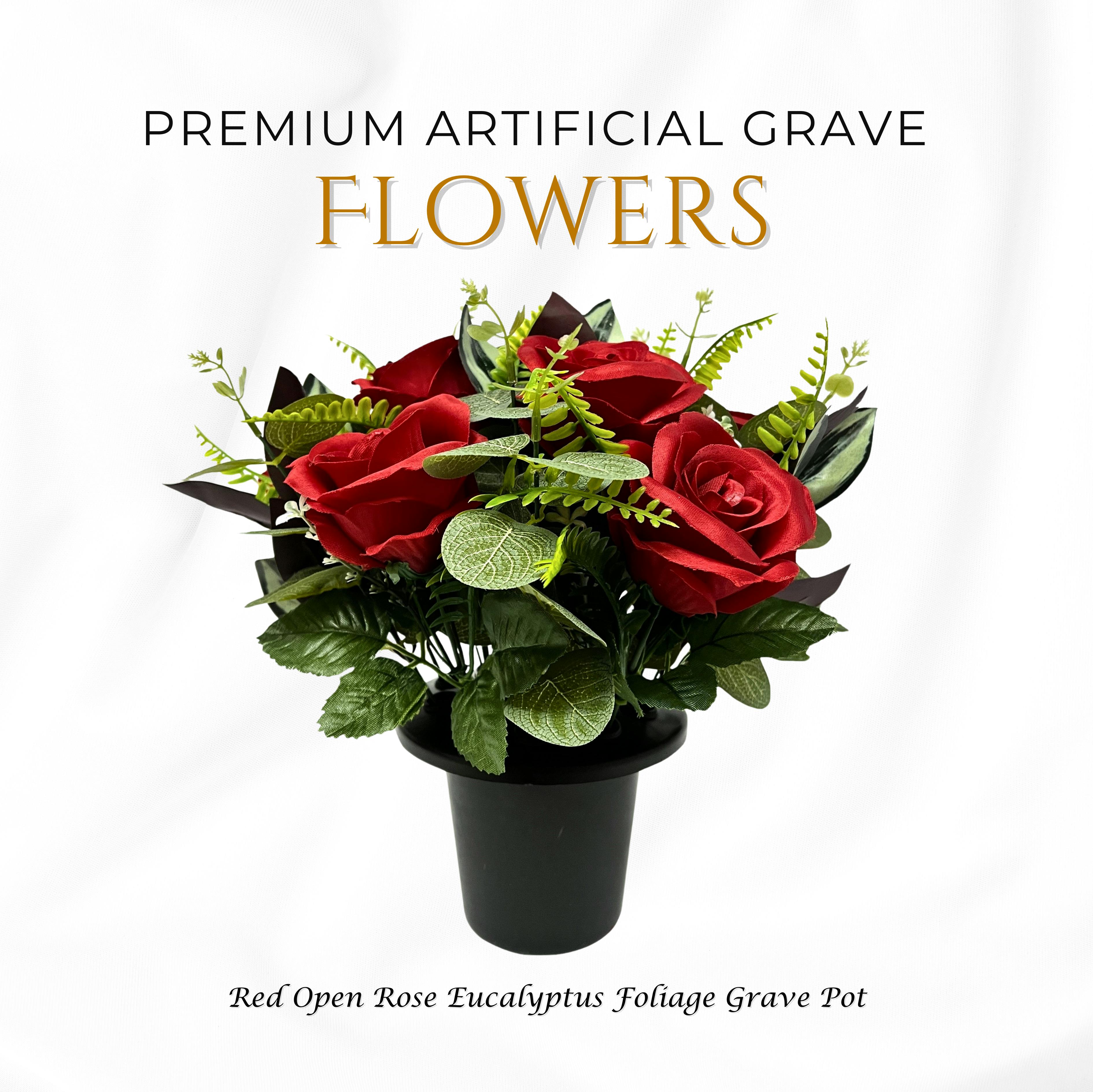 Rackhams Red Premium Artificial Grave Flowers – Open Roses With Eucalyptus (25Cm) | Memorial Vase Pot