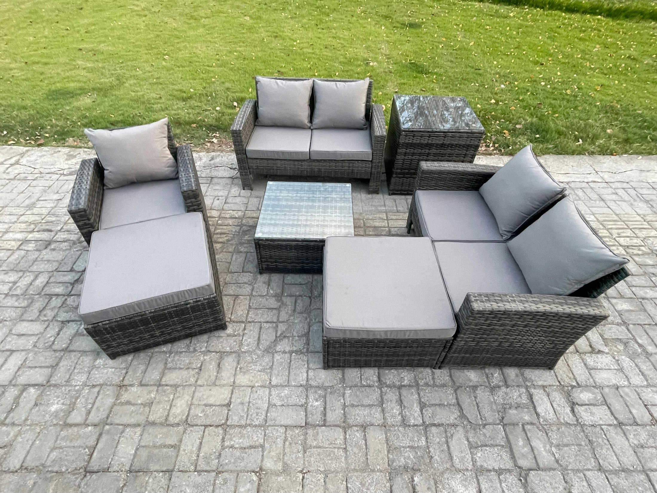 Rackhams Dark/Grey 7 Seater Outdoor Rattan Garden Furniture Set Conservatory Patio Sofa Coffee Table Set With Chair Side Table 2 Big Footstool Mixed