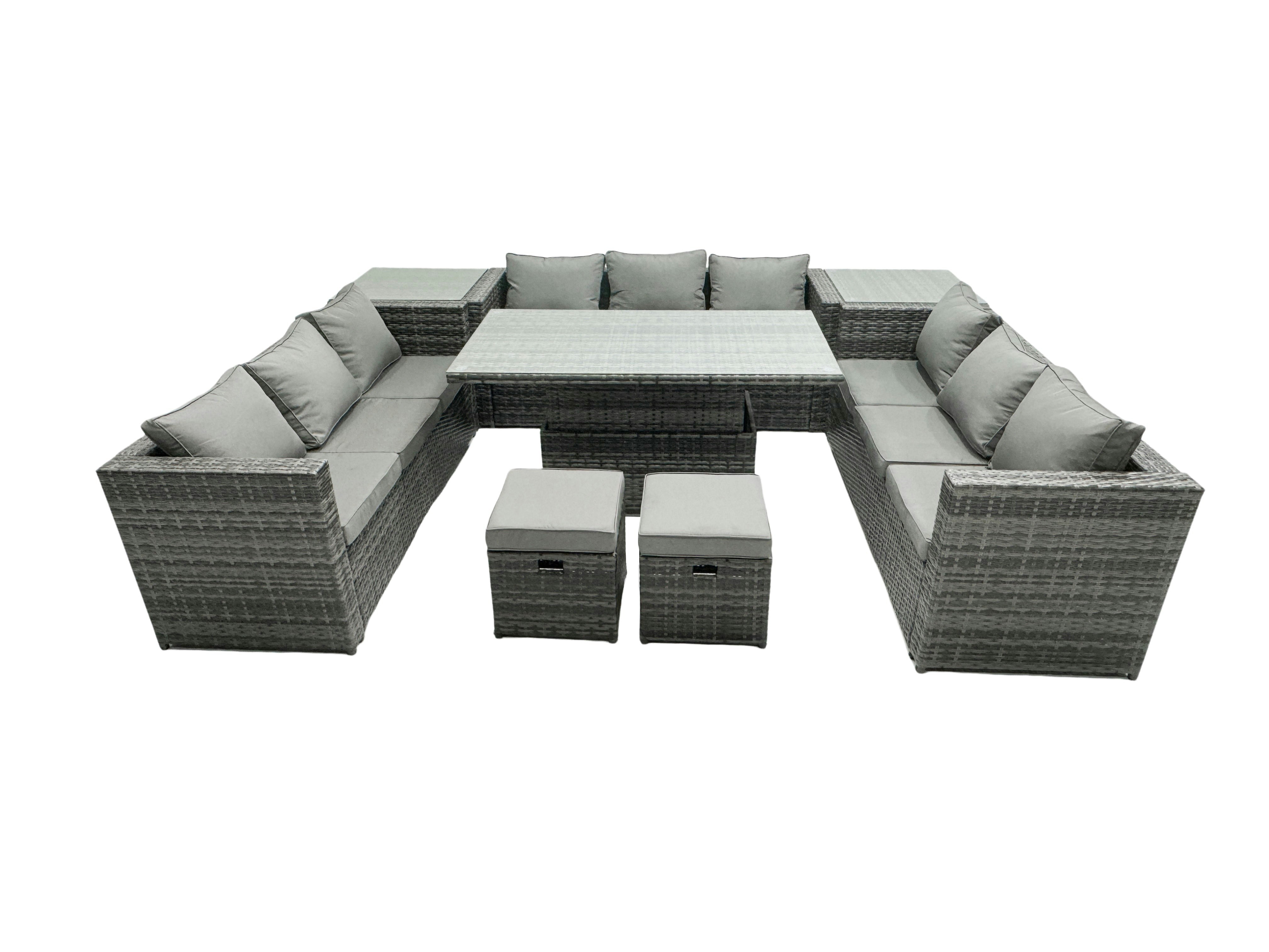 Rackhams Dark/Grey U Shape Rattan Gardern Furniture Dining Sofa Set Adjustable Rising Dining Table With 2 Side Coffee Table Extra 2 Stool