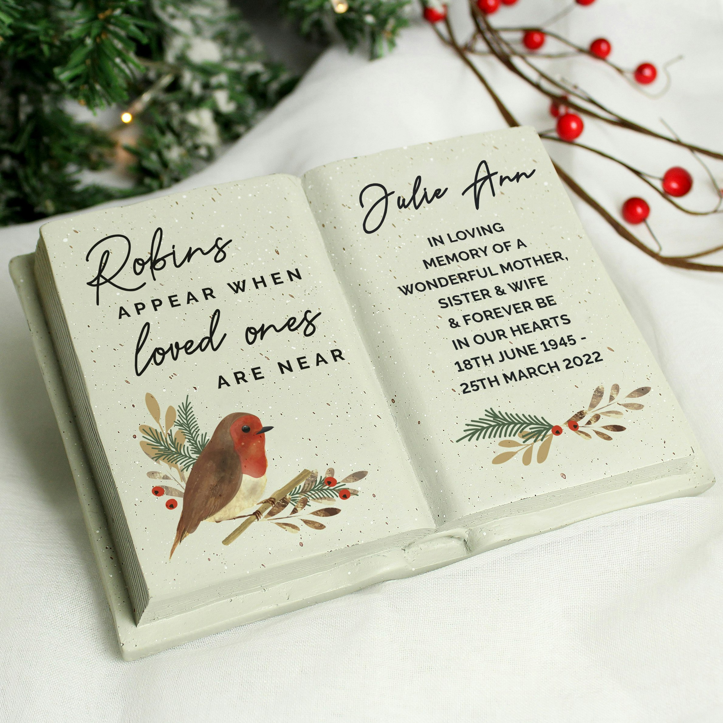 Personalised Memento Company Personalised Robins Memorial Book Resin Garden Ornament