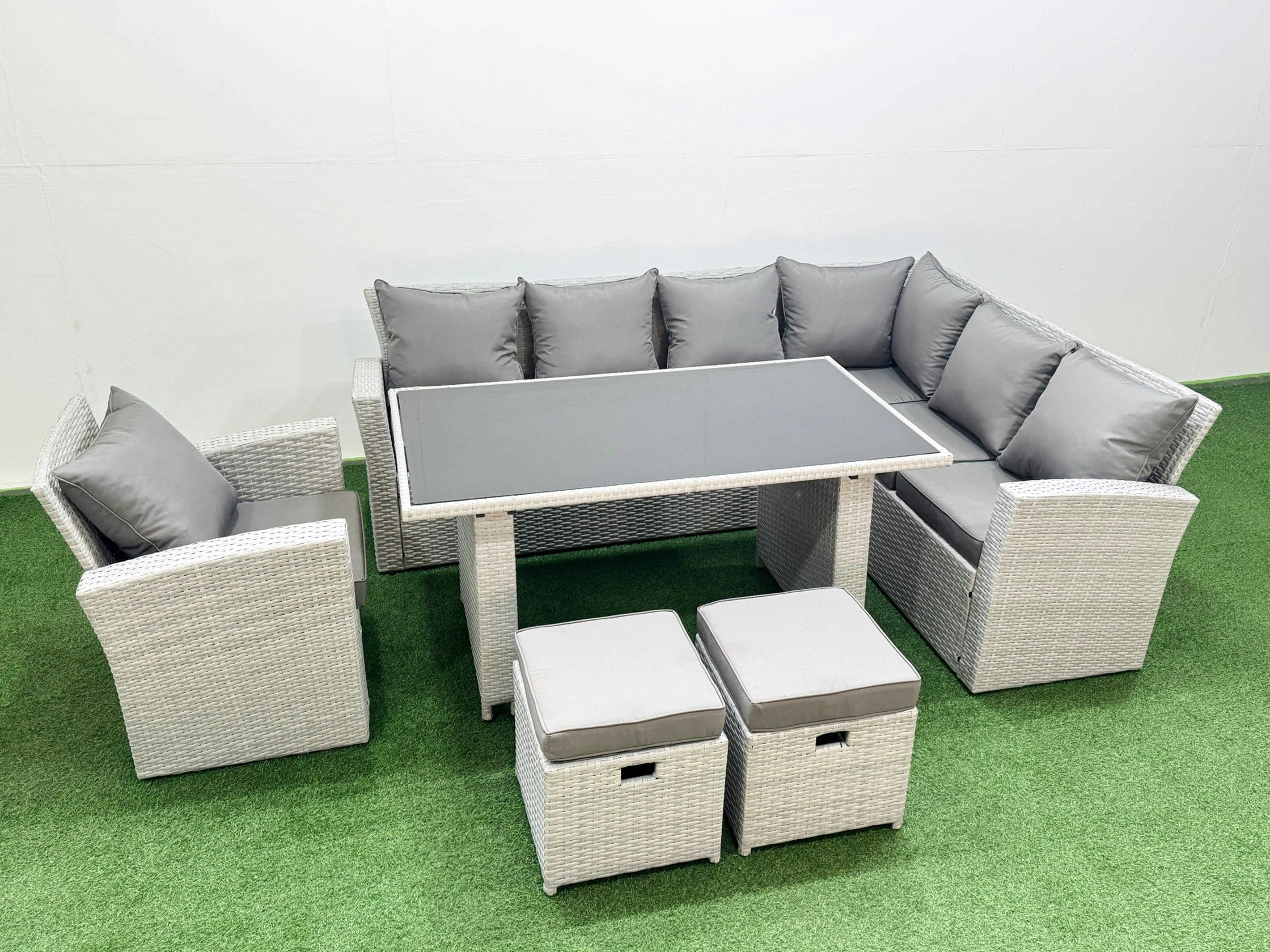 Rackhams Light/Grey Outdoor Garden Furniture Set 9 Seater Rattan Corner Sofa Set With Rectangular Dining Table Lounge Sofa 2 Small Footstools Armchair