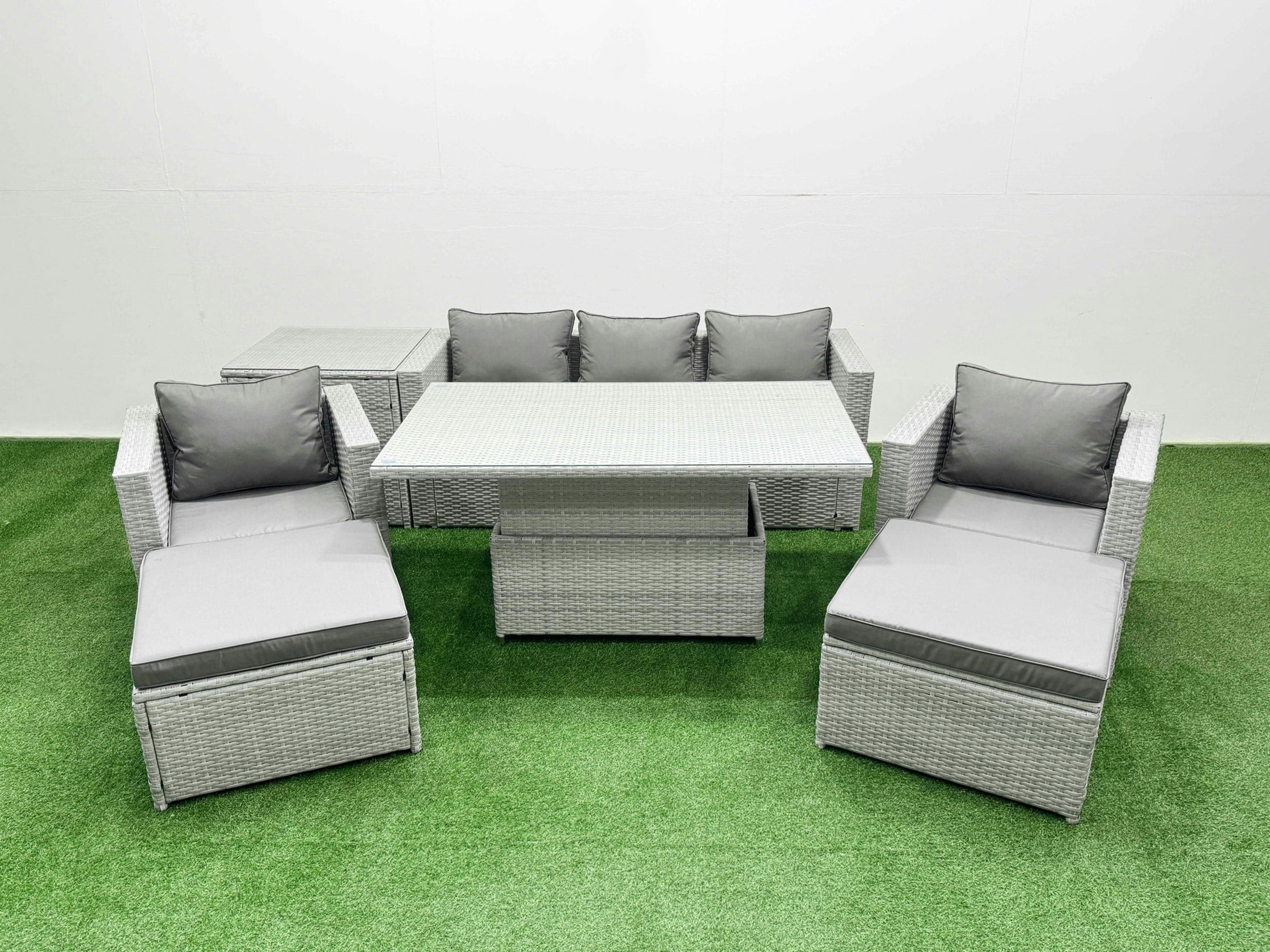 Rackhams Light/Grey 7 Pcs Rising Dining Table Set Rattan Furniture Set With 3 Seater Sofa Chair 2 Big Footstools Side Table