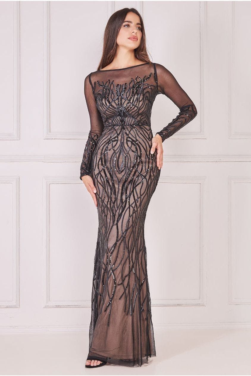 Goddiva Black Long Sleeve Sequin Flame Maxi - Solid By - Solid - 8