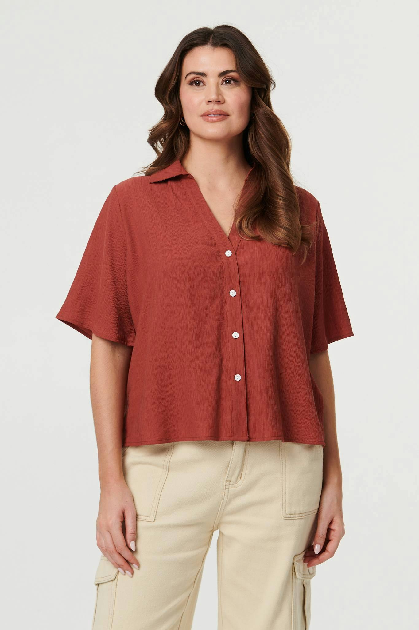Izabel London Short Sleeve Button Front Shirt - 14 - Rust