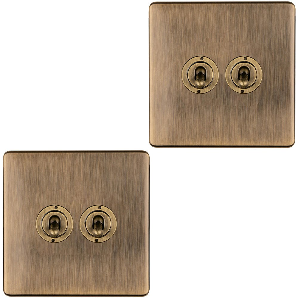 Rackhams Light Pack Gang Double Retro Toggle Switch Screwless Antique Brass 10A Way Size 2