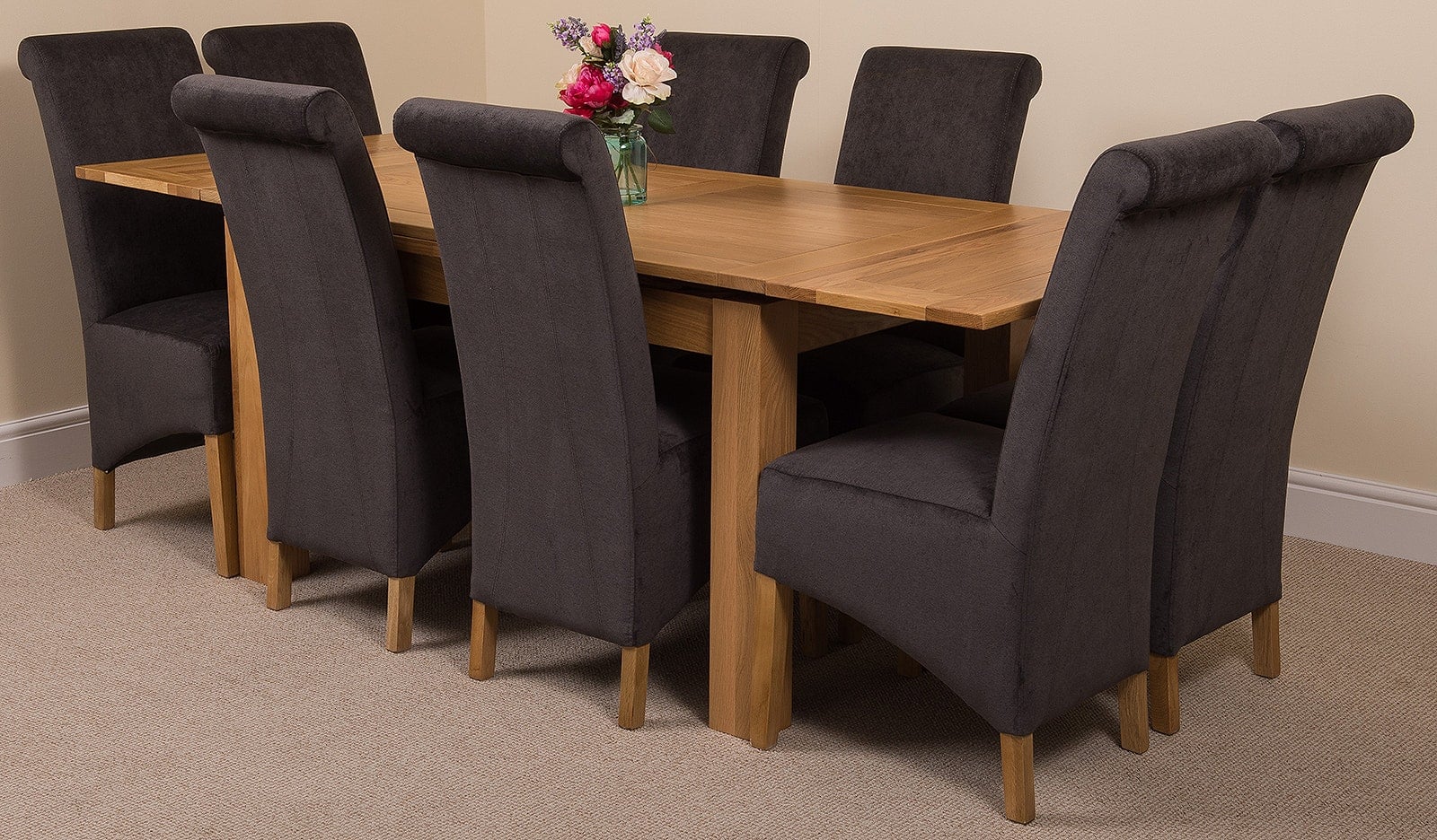 Rackhams Black Richmond Medium Oak Extendable Dining Table With Montana Fabric Chairs - 8 Chairs